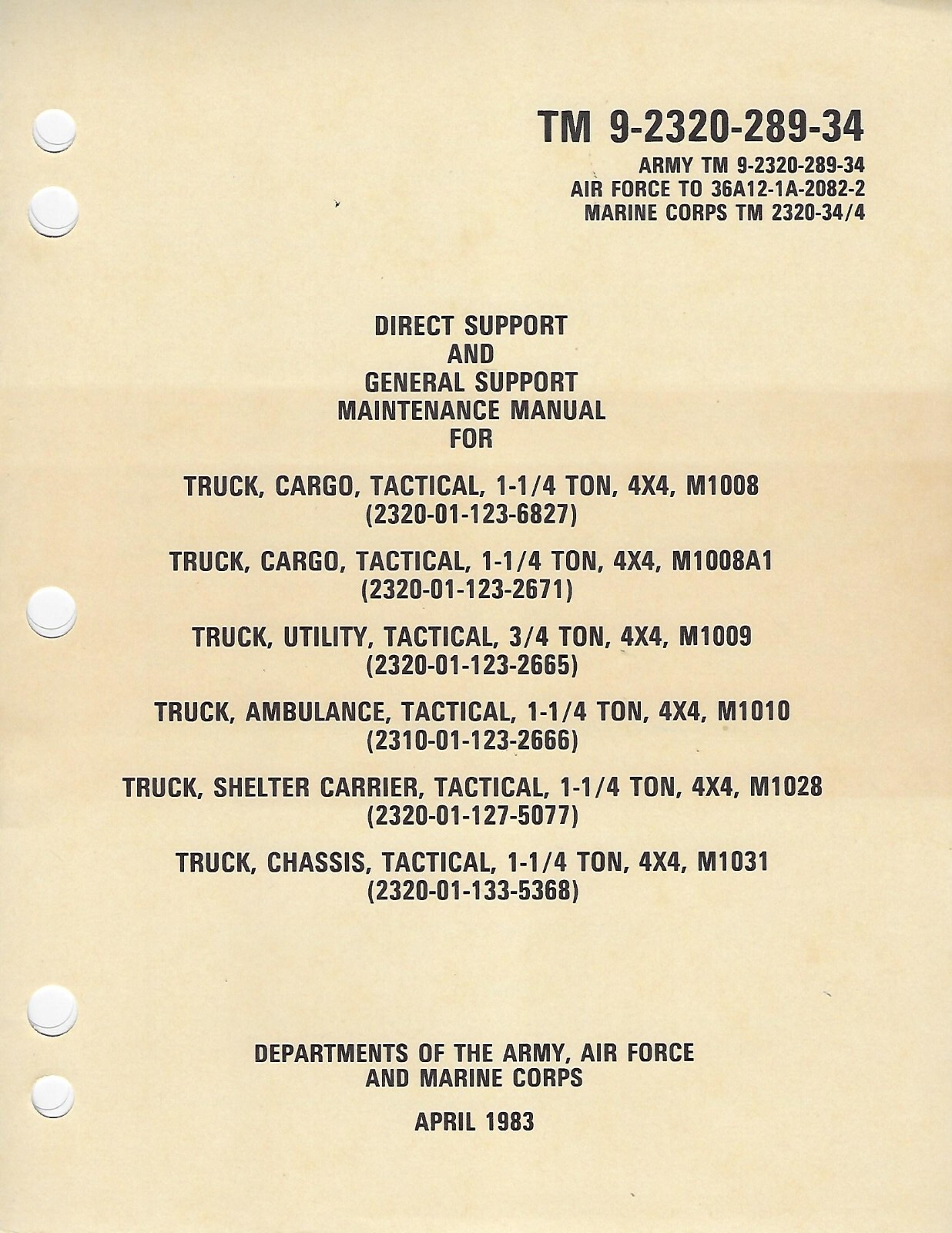 Historical book for Truck, Cargo, 1 1/4 Ton, 4×4, M1008 series, Depot Maint