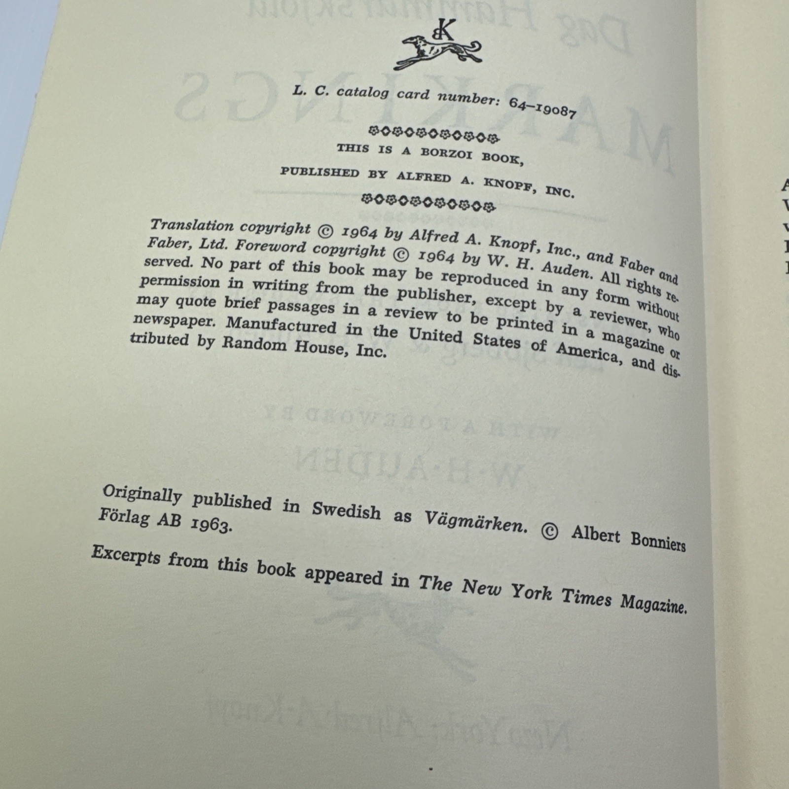 Dag Hammarskjold Markings Hardcover 1964 Alfred A. Knopf Inc.