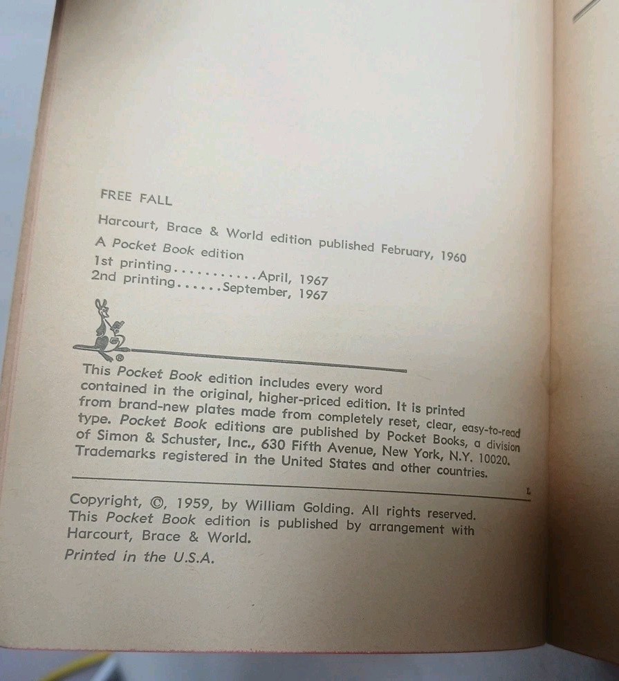 Free Fall By William Golding (pocket Books 1967) 2nd Printing Pb