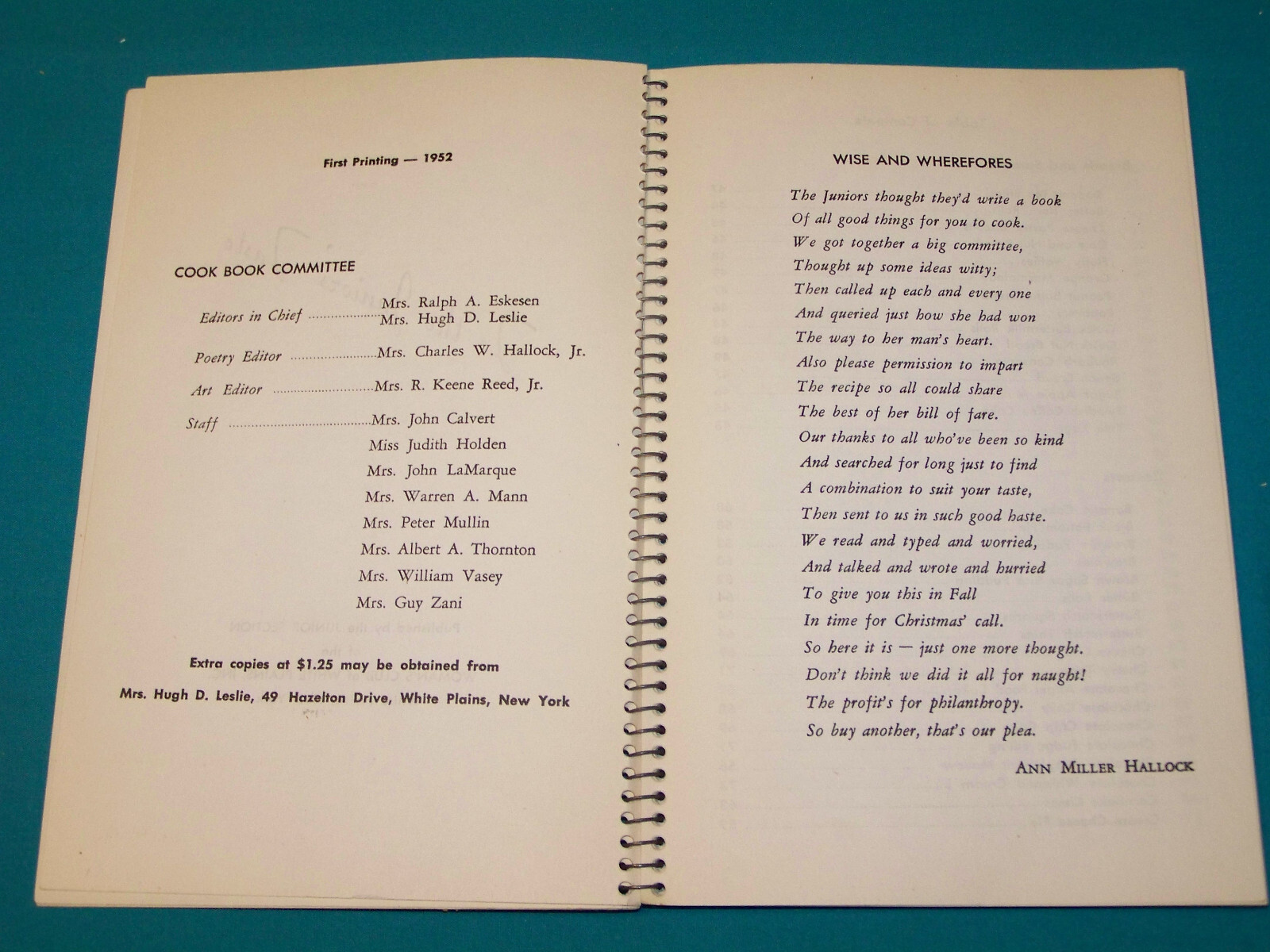 1952 Woman’s Club of White Plains New York Cook Book First Print NY