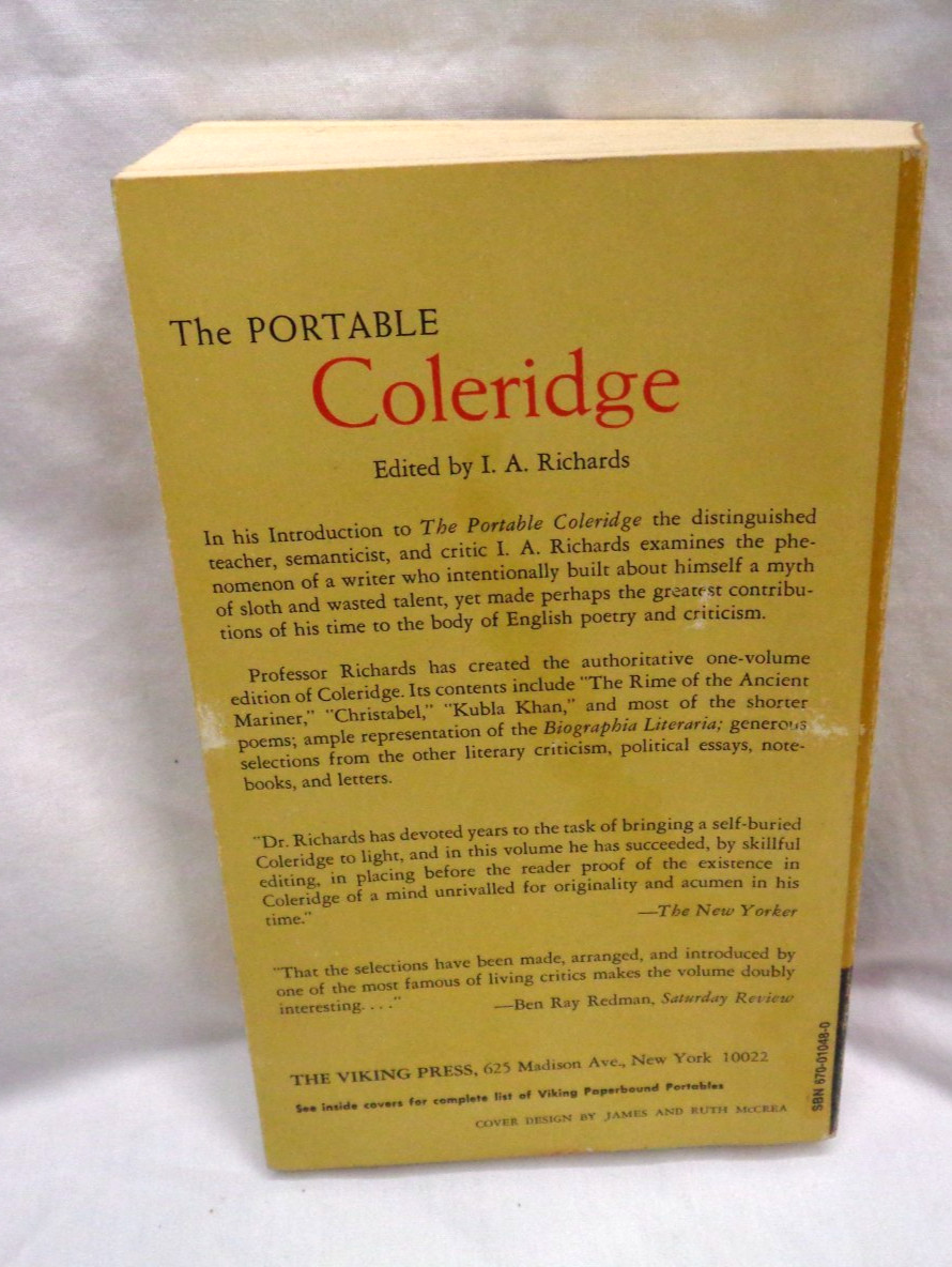 The Portable COLERIDGE ~ I. A. Richards ~ The Viking Press 10th Printing 1972 PB