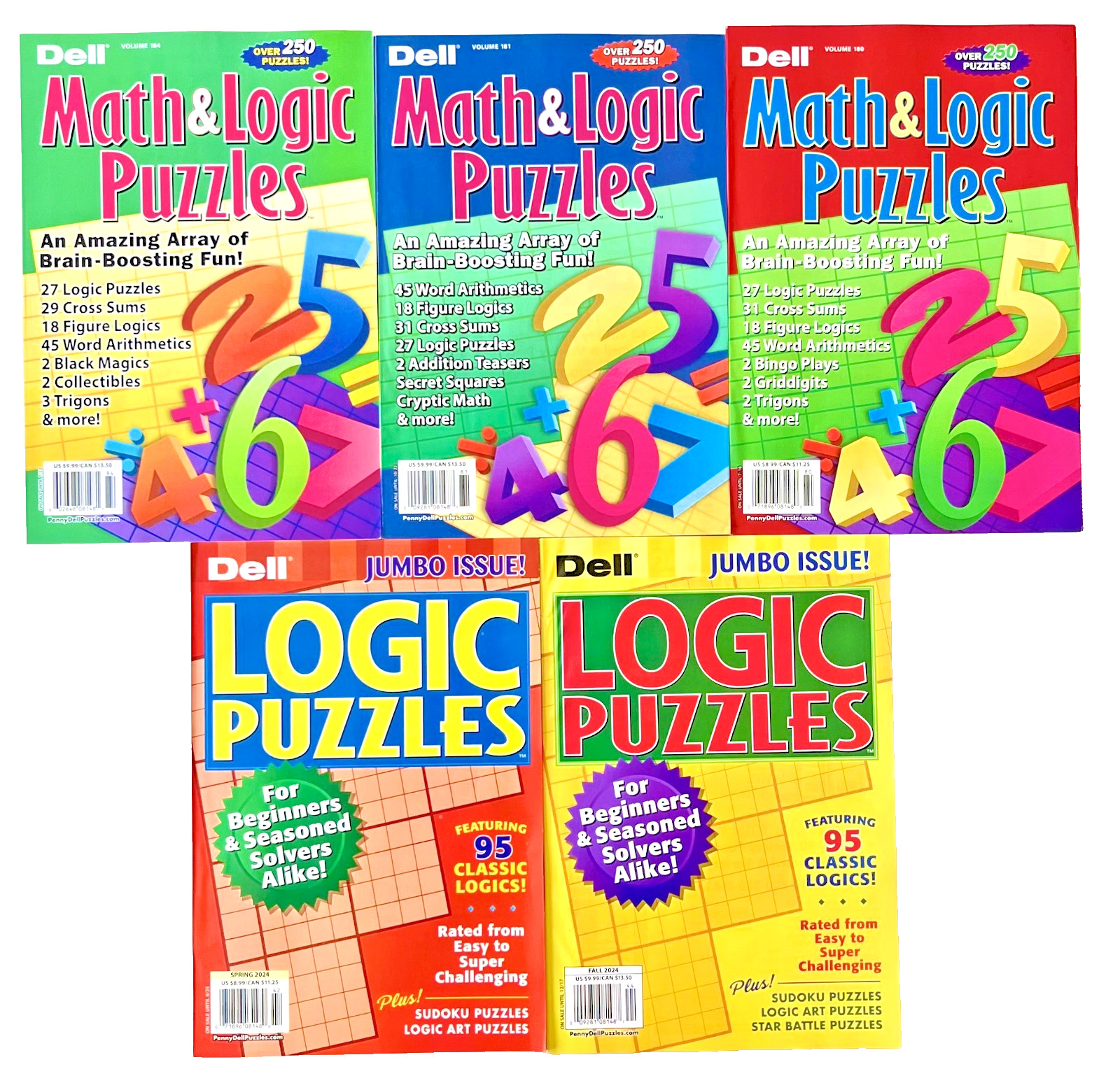 NEW 5 Penny Press Dell Math Logic Problems Puzzles & Classic Begin to Expert