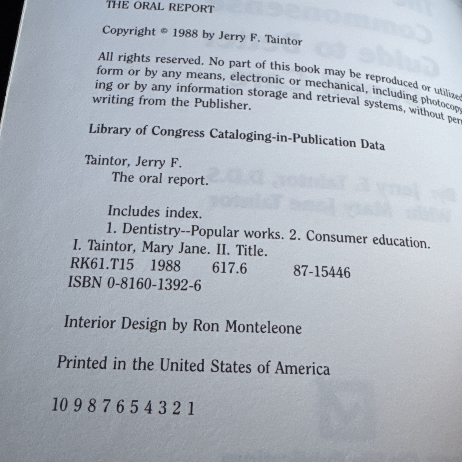 JERRY TAINTOR Oral Report, Consumer’s Commonsense Guide to Better Dental Care
