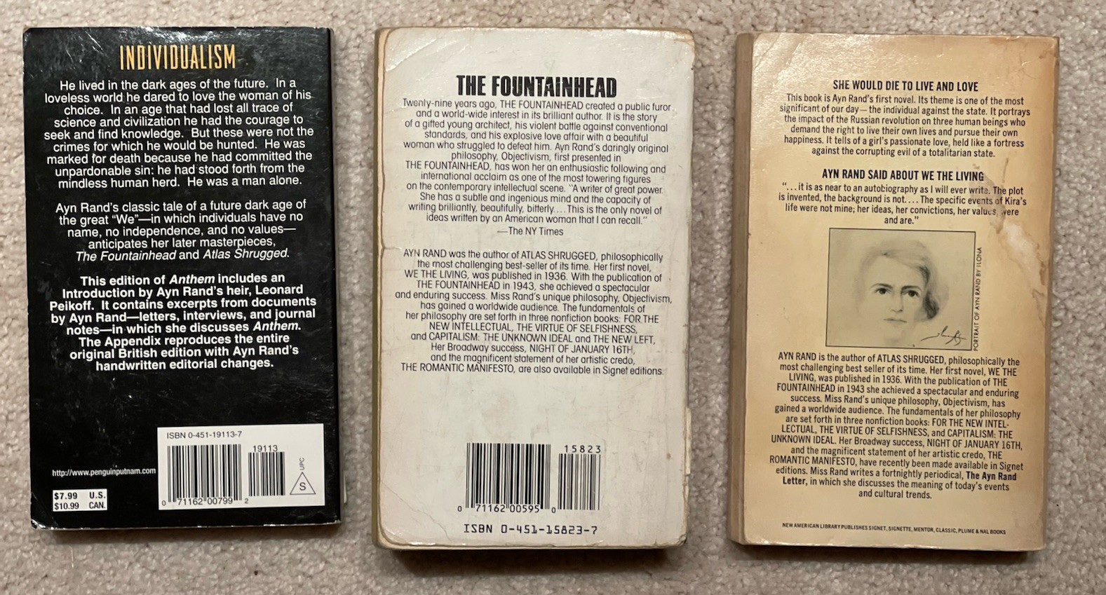 Ayn Rand lot of 3 vintage PB books We The LivingThe Fountainhead Anthem