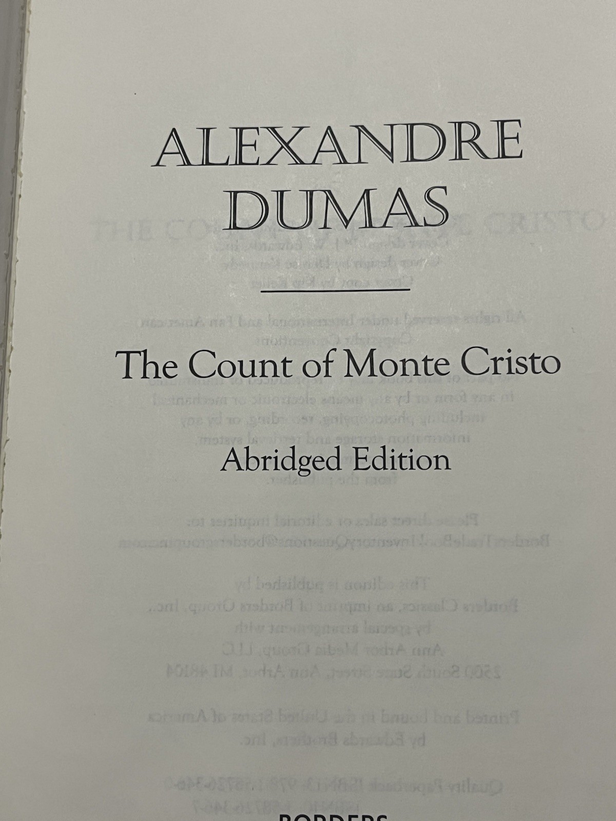 Count of Monte Cristo Alexandre Dumas Abridged Borders Classics Edition 2006