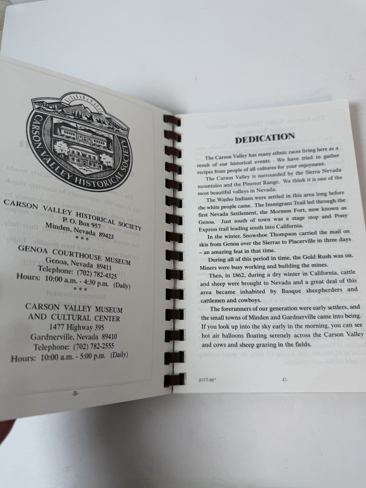 Carson Valley Historical Society Cherished Recipes Spiral Cookbook Nevada