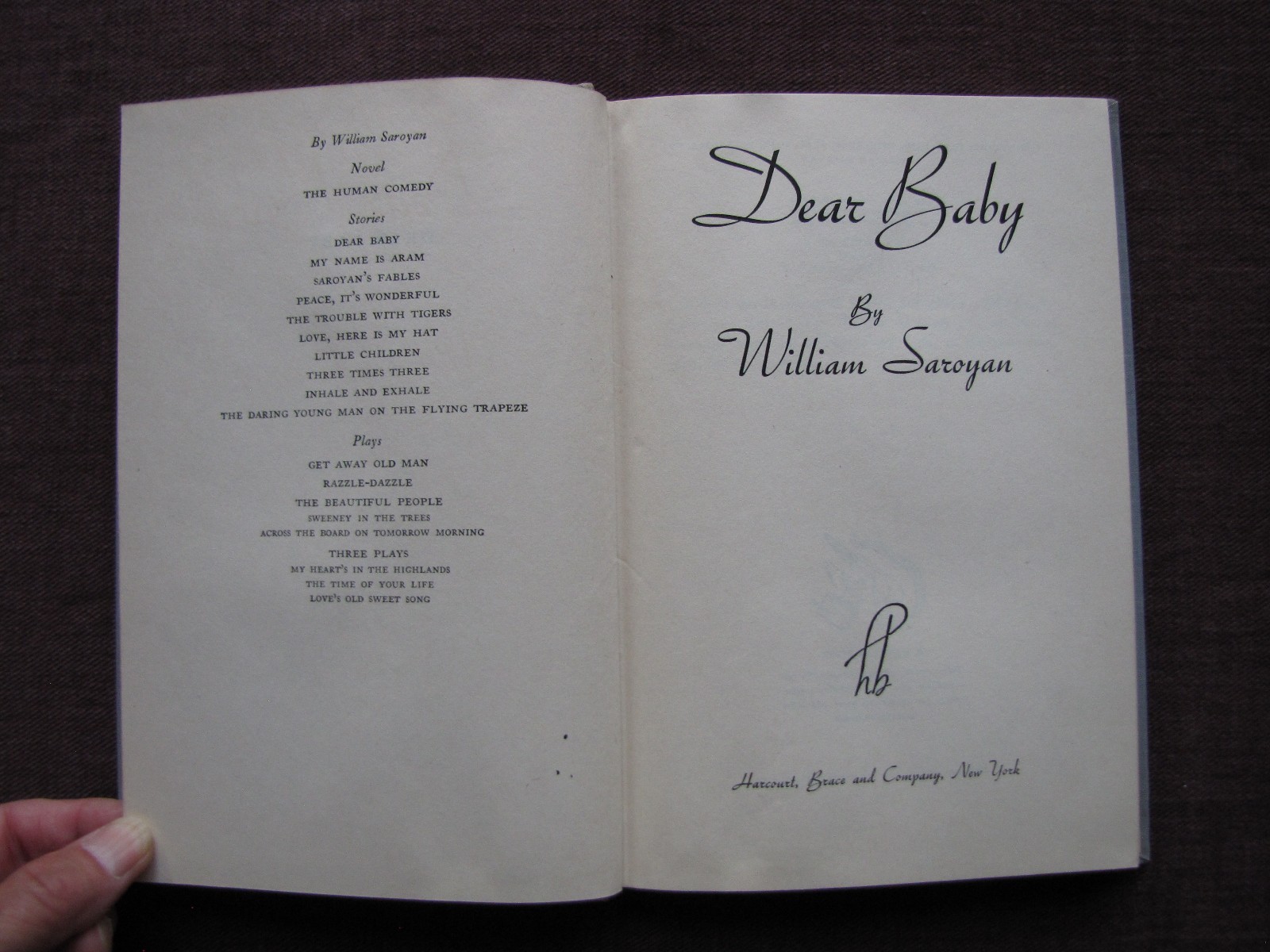 DEAR BABY by WILLIAM SAROYAN – War Time Edition HC 8.25×5 w 117pgs Vintage 1944