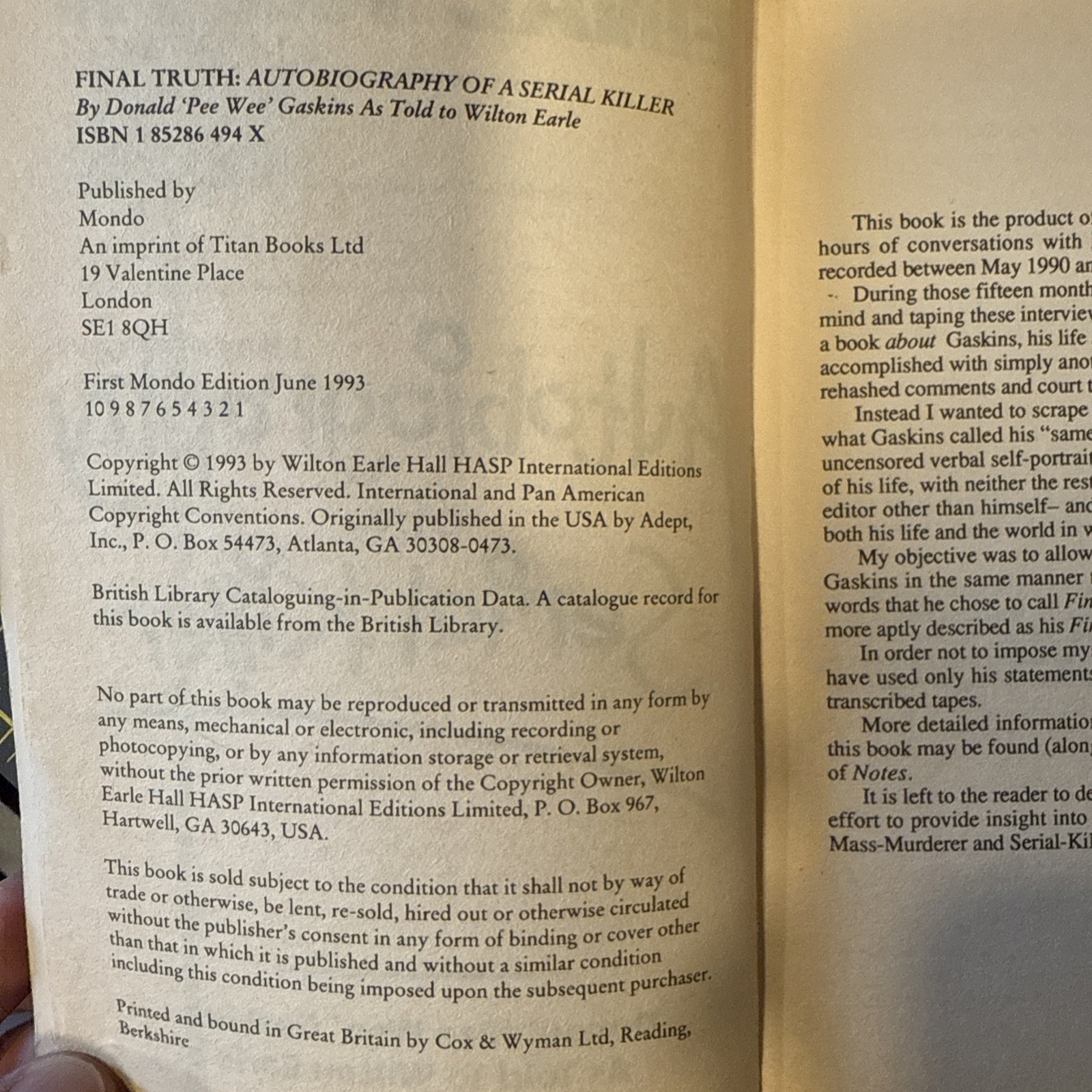 Final Truth: Autobiography of a Serial Killer PB – First Mondo Edition 1993