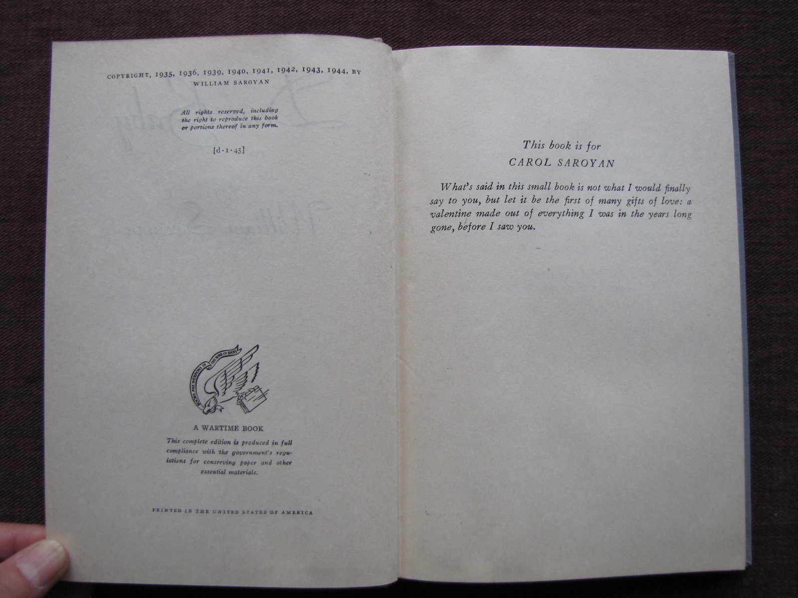 DEAR BABY by WILLIAM SAROYAN – War Time Edition HC 8.25×5 w 117pgs Vintage 1944