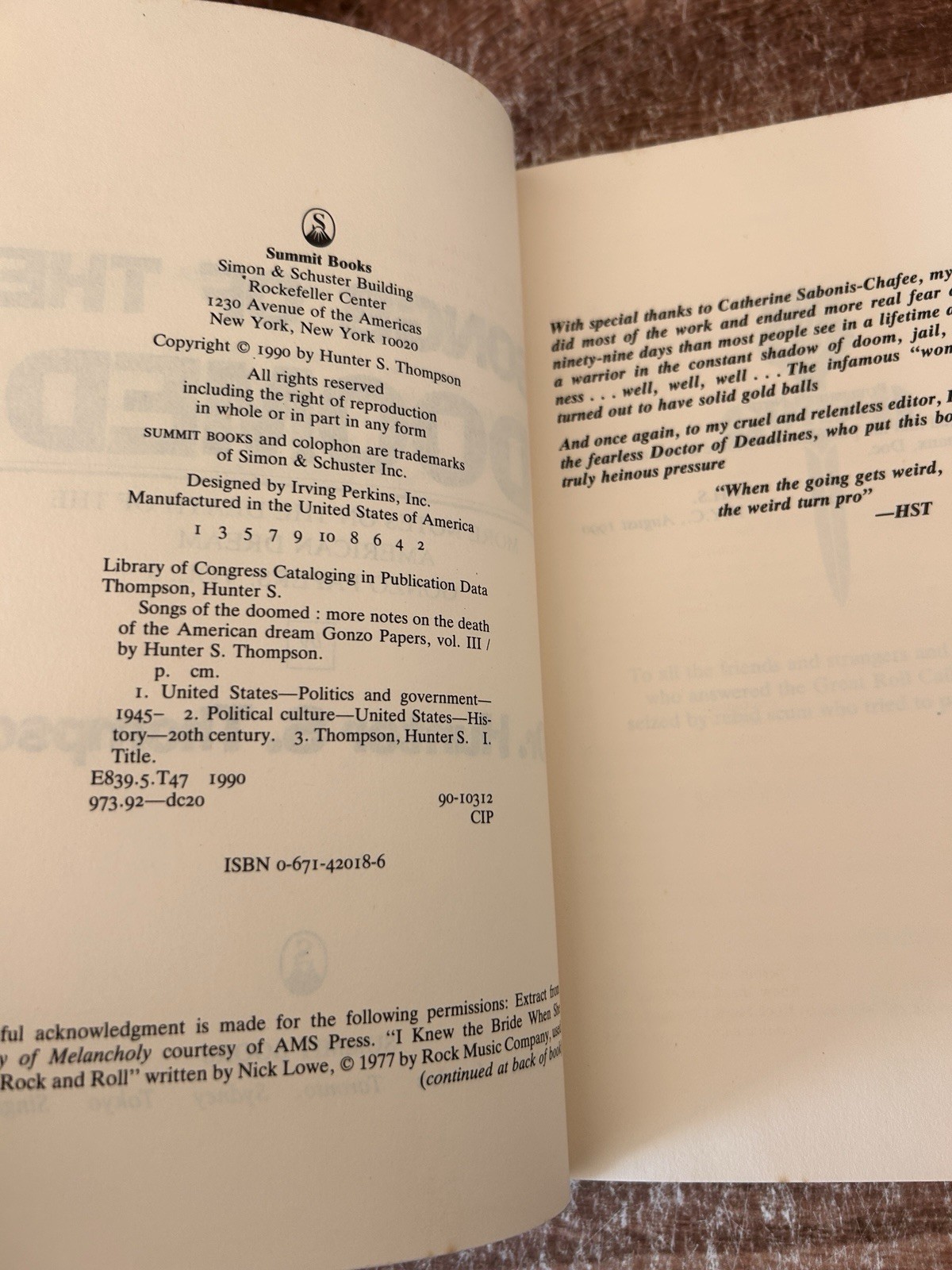 Hunter S. Thompson Songs Of The Doomed First Edition Gonzo Papers Vol 3 HCDJ