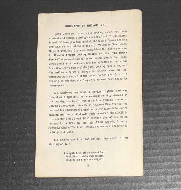 Wine Cookery By Irena Chalmers, Booklet 1969 Like New
