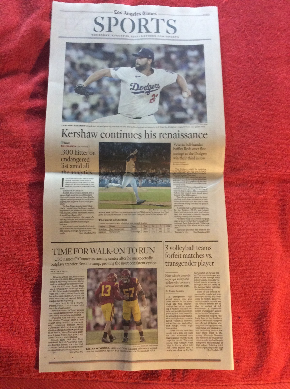 LA TIMES SPORTS SECTION AUGUST 28 2025 DODGERS CLAYTON KERSHAW FREDDIE FREEMAN