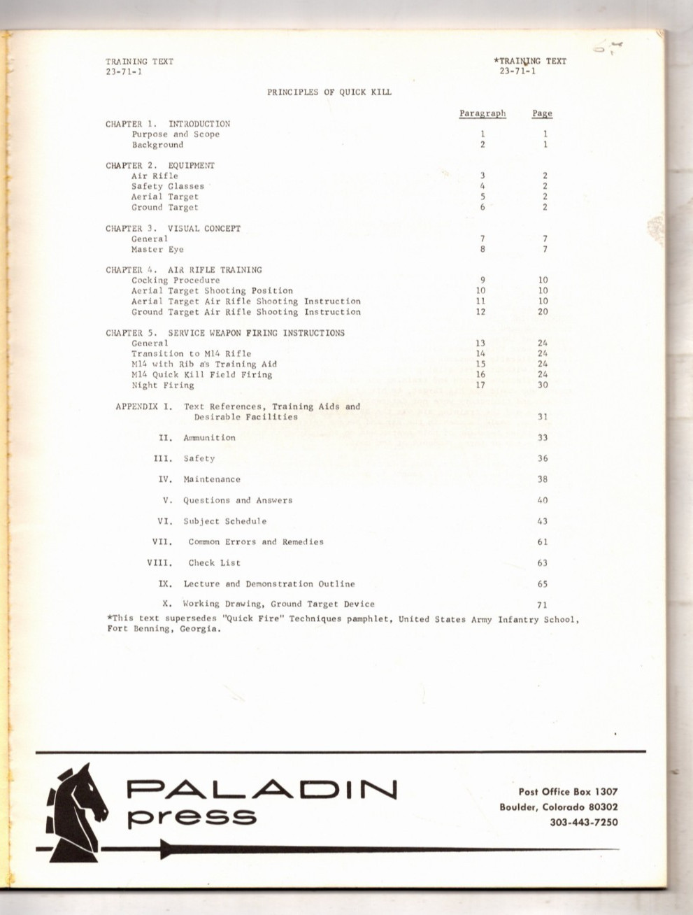 PRINCIPLES OF QUICK KILL Training Text 23-71-1 Paladin Press Reprint of 1967 TT