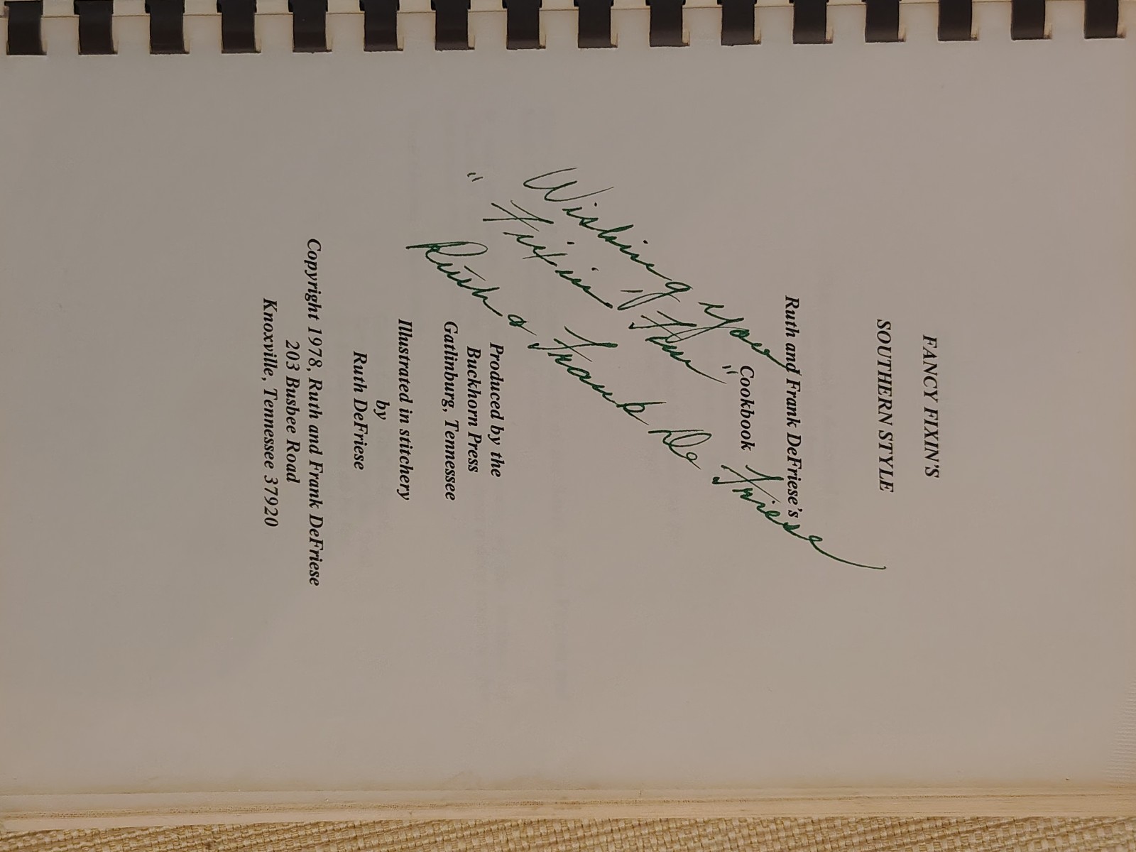 SIGNED, Southern “Fancy Fixin’s” Cookbook (1978) by Ruth DeFriese