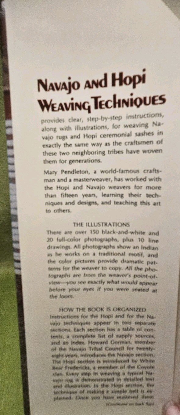 NAVAJO and HOPI WEAVING TECHNIQUES by Mary Pendleton Hard Back DJ (1974)