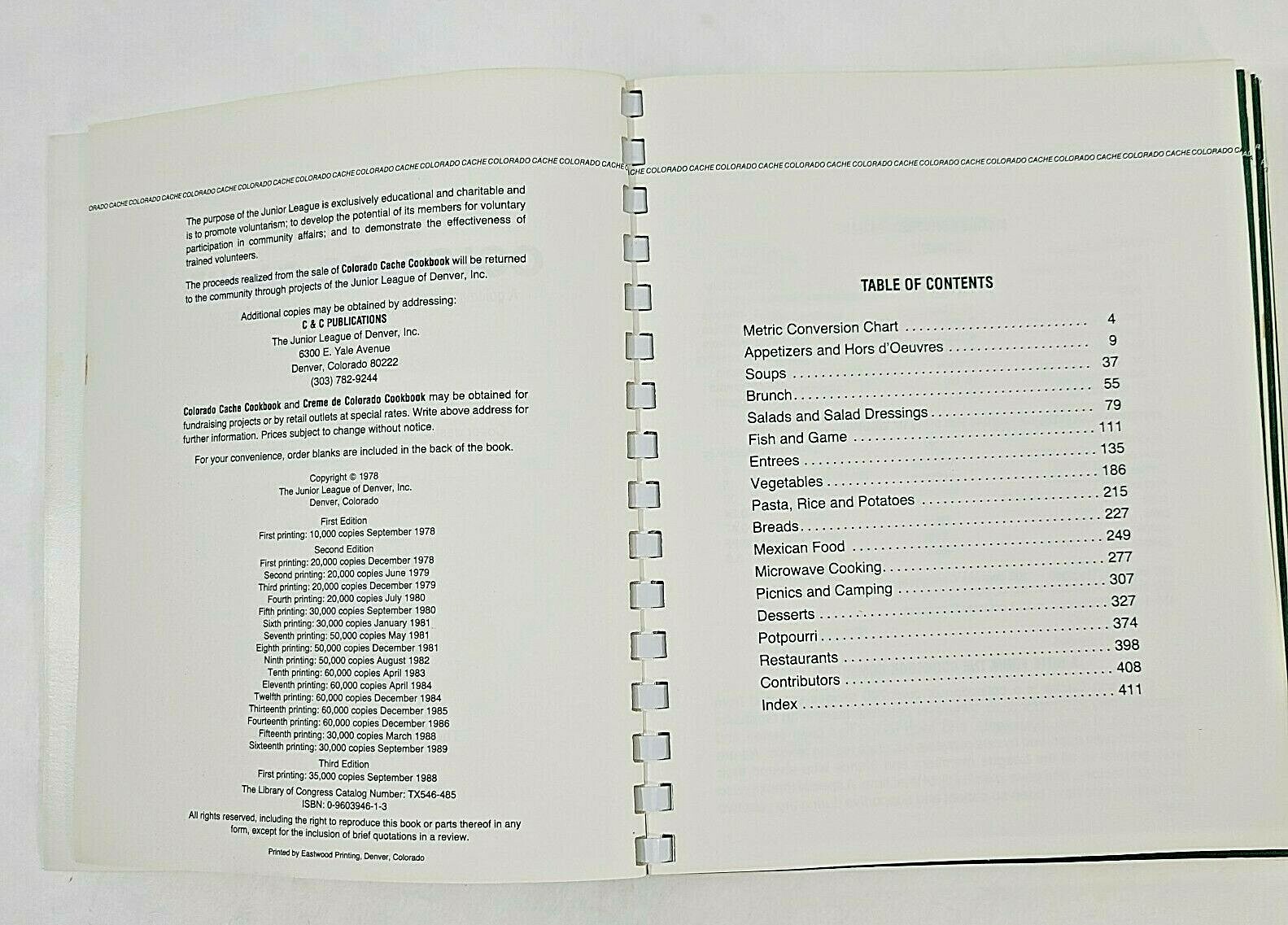 Vintage Colorado Cache Cookbook 430 pages Junior League Denver Recipes Spiral