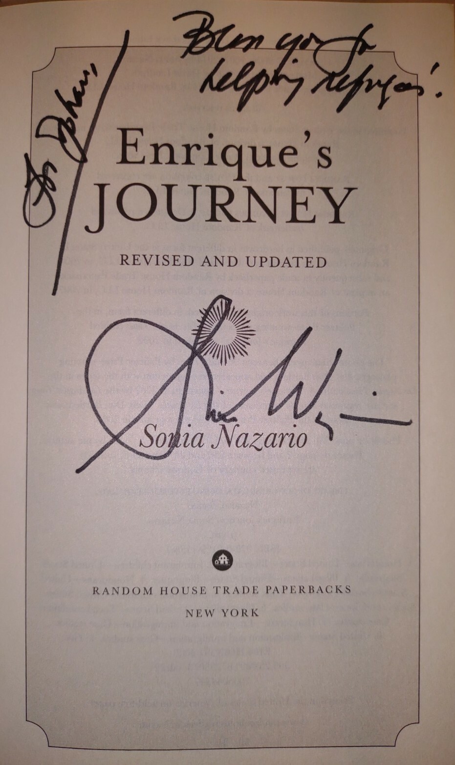 ENRIQUE’S JOURNEY by Sonia Nazario (2014, Pb) * SIGNED * FREE SHIPPING *
