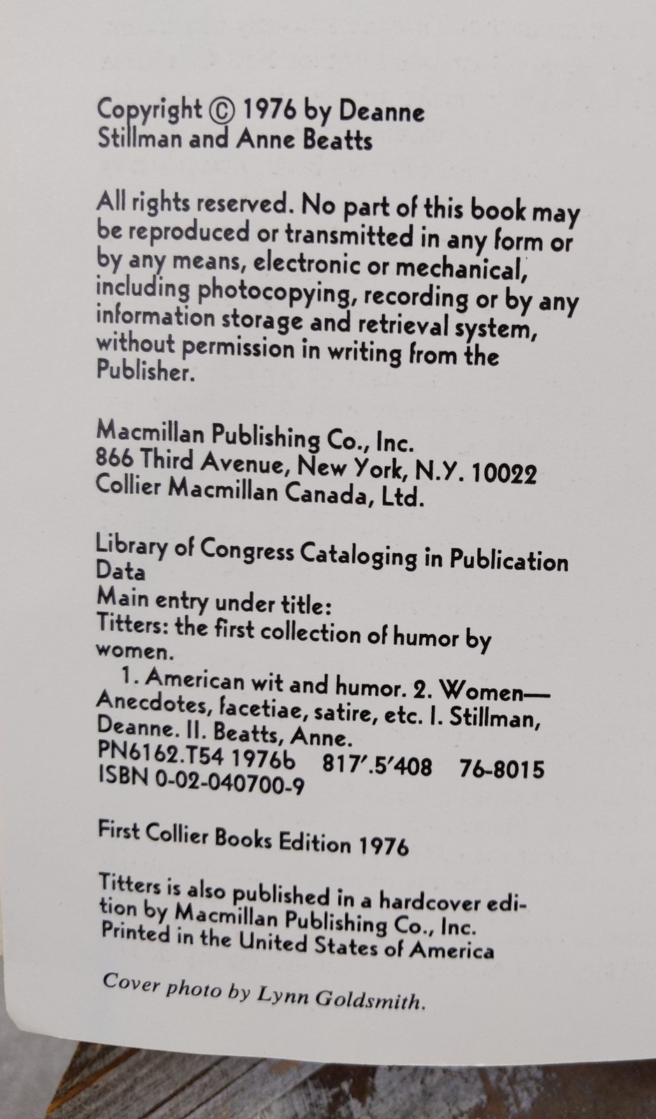 Titters: The First Collection of Humor by Women 1976 1st Collier Paperback