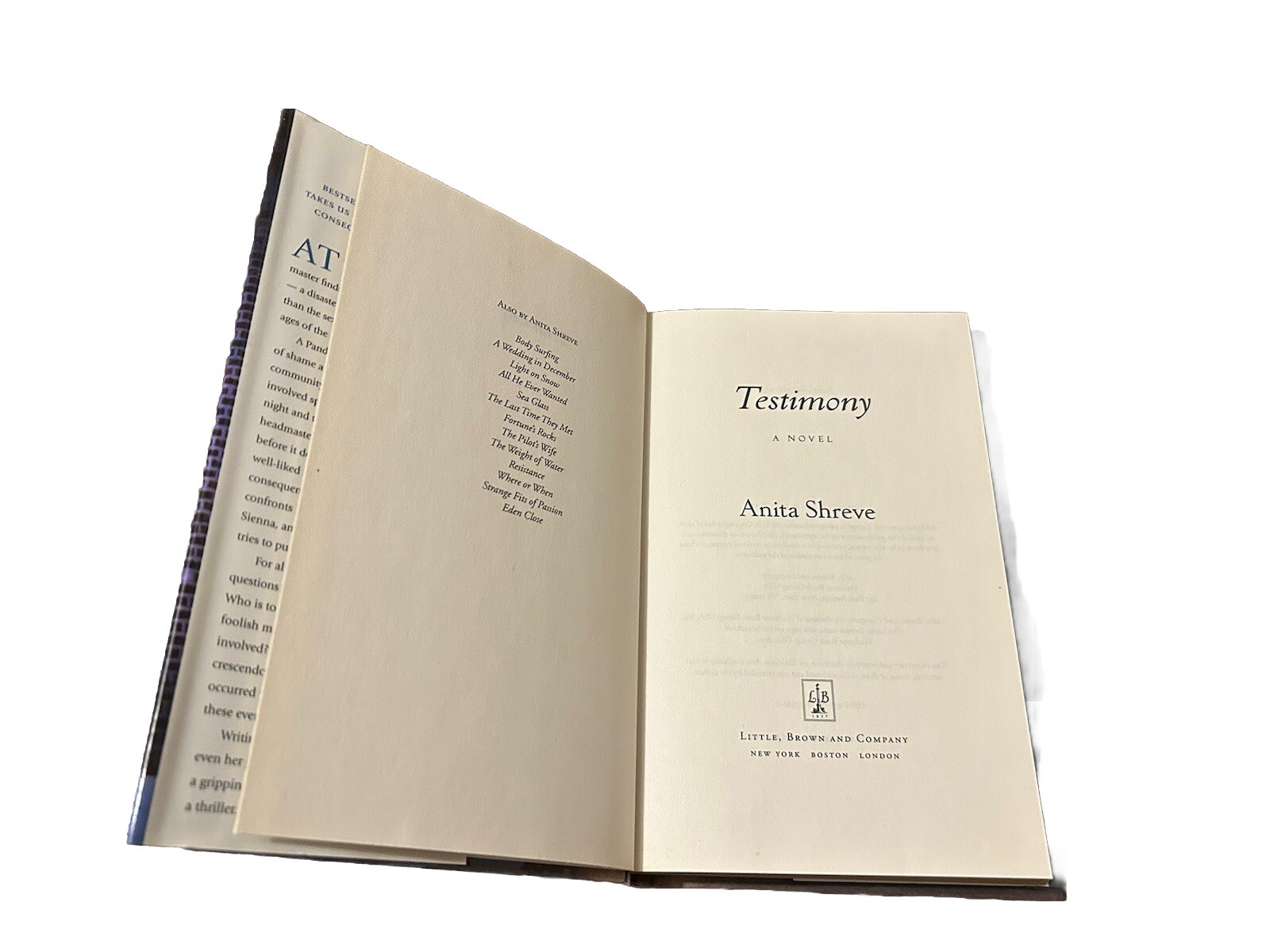 Testimony by Anita Shreve 2008 Hardcover