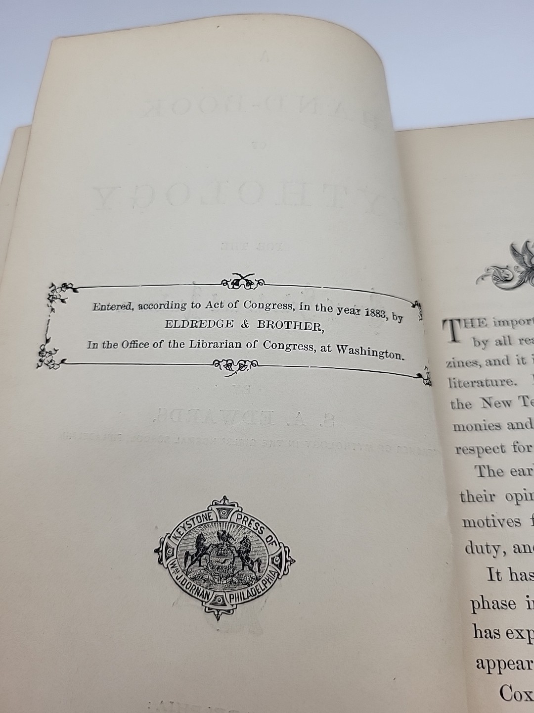 Hand Book of Mythology Edwards Antique Hardcover 1883 Eldredge & Brothers
