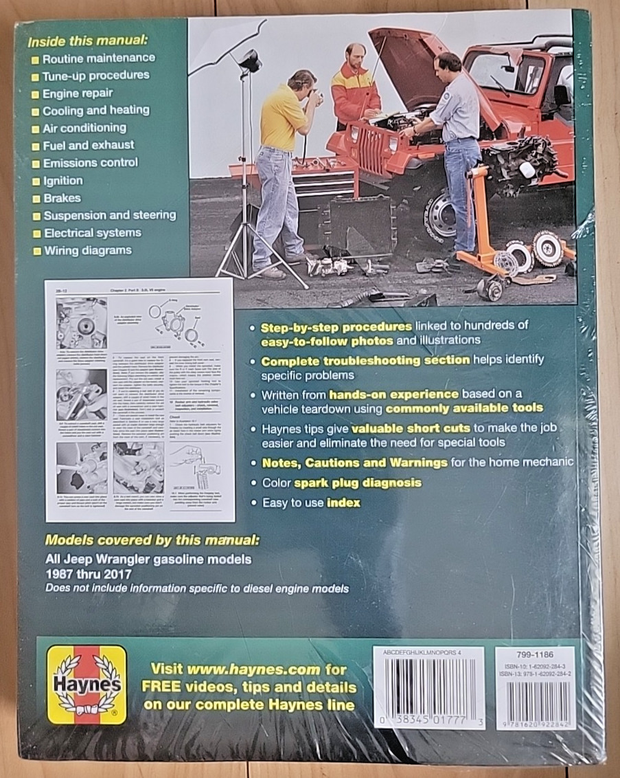 Jeep Wrangler 1987-2017 Haynes Repair Manual All Gasoline Models 4 & 6-cyl NEW