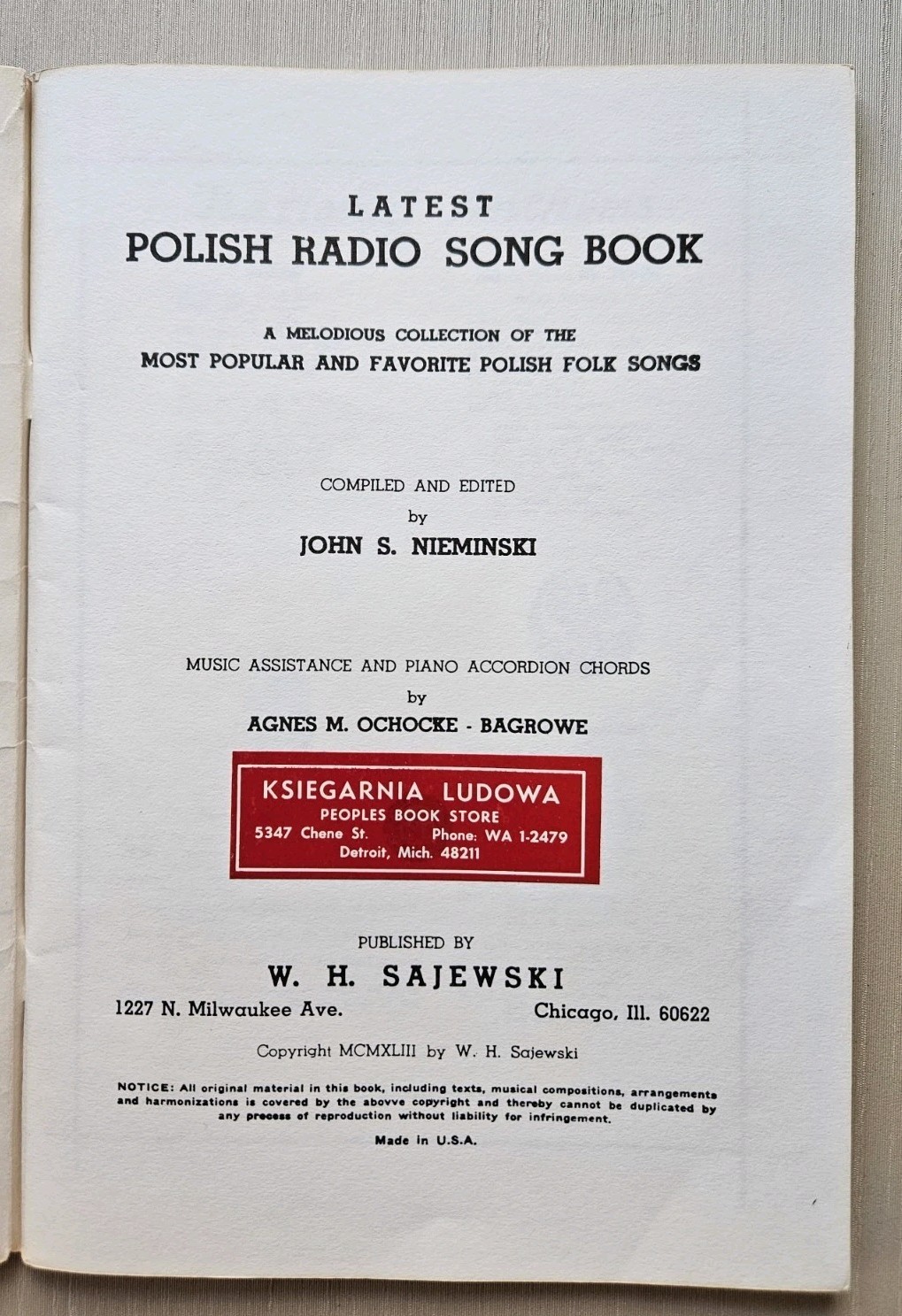 Vintage Polish Radio Song Book WH Sajewski 1943