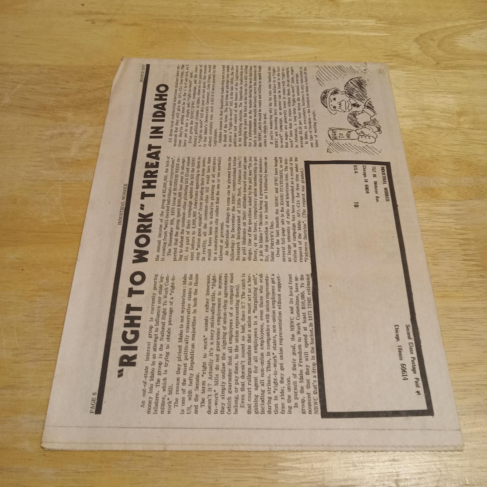 IWW Industrial Worker Vol 74 No 3 WN1368 March 1977 Chicago Fold Over Newsprint