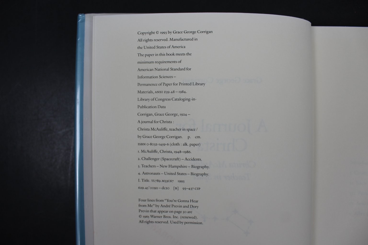 A Journal for Christa Grace George Corrigan 1993 Biography NASA Space Challenger
