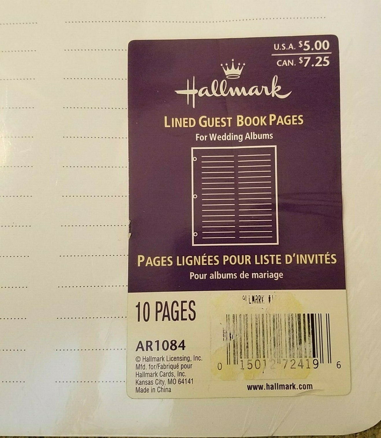 HALLMARK AR1084 LINED GUEST BOOK PAGES ~ 10 Count ~ NOS in Wrap ~ Free Shipping!