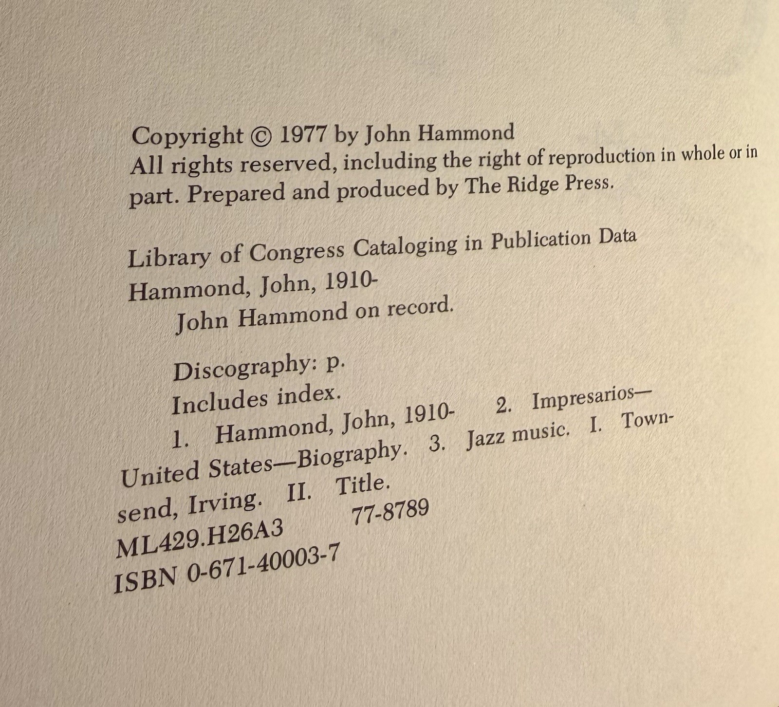 John Hammond on Record : An Autobiography w/ Irving Townsend Hardcover MUSIC
