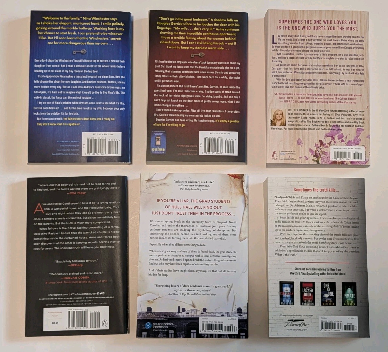 Lot of 6 Paperback Thriller Books Freida Mcfadden Colleen Hoover Shari Lapena RJ