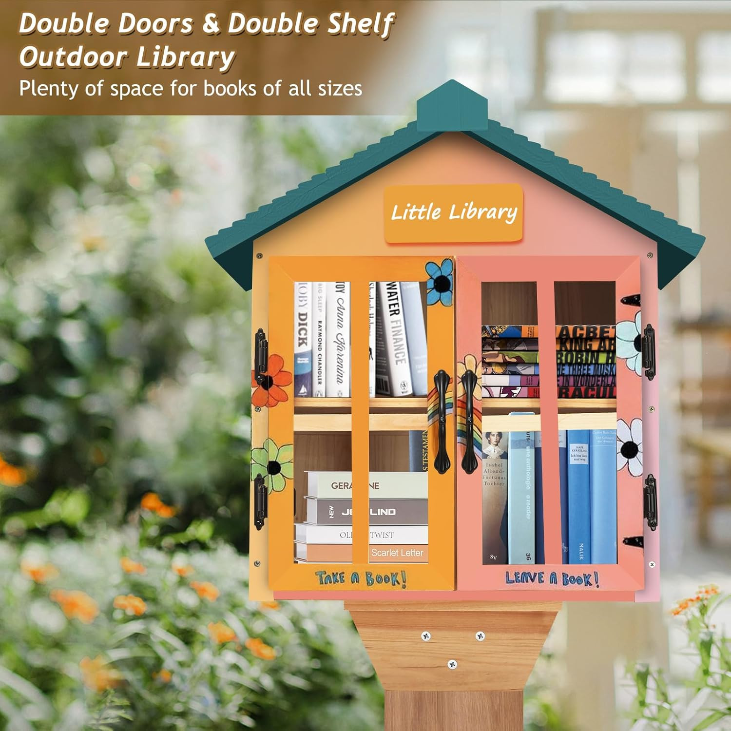 Little Library Box Outdoor Free Library Kit, Updated Double Doors Literature Lit