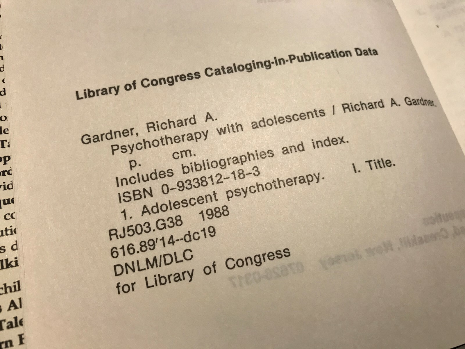 Richard A. Gardner, M.D. PSYCHOTHERAPY WITH ADOLESCENTS The Resistant Child