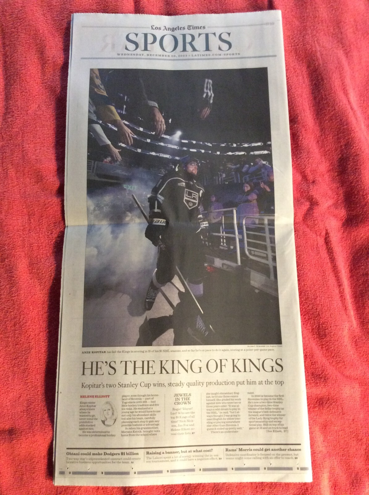 LA TIMES SPORTS SECTION DECEMBER 20 2023 LA KINGS ANZE KOPITAR HOCKEY