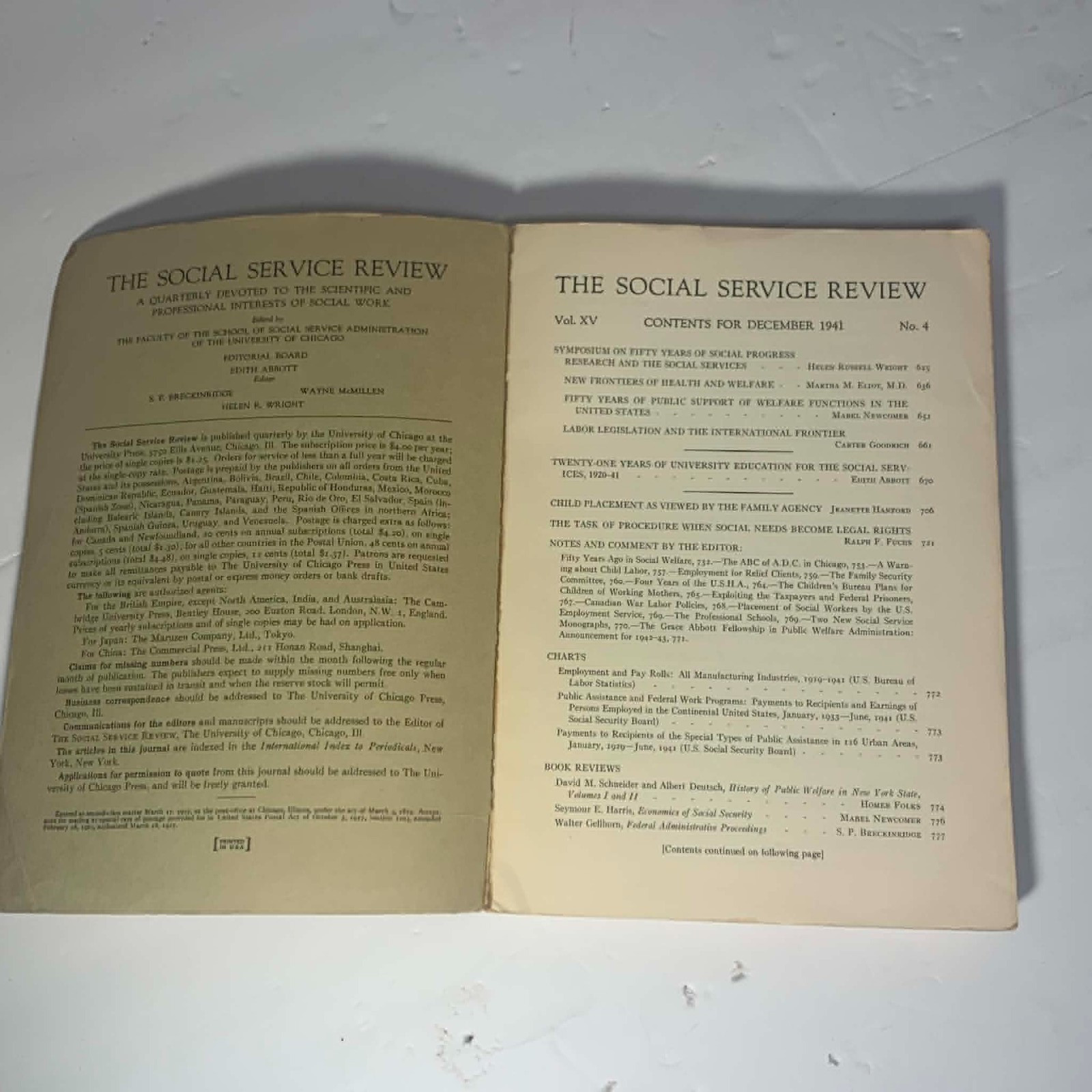 University of Chicago Press / Social Service Review / Volume XV/ December 1941