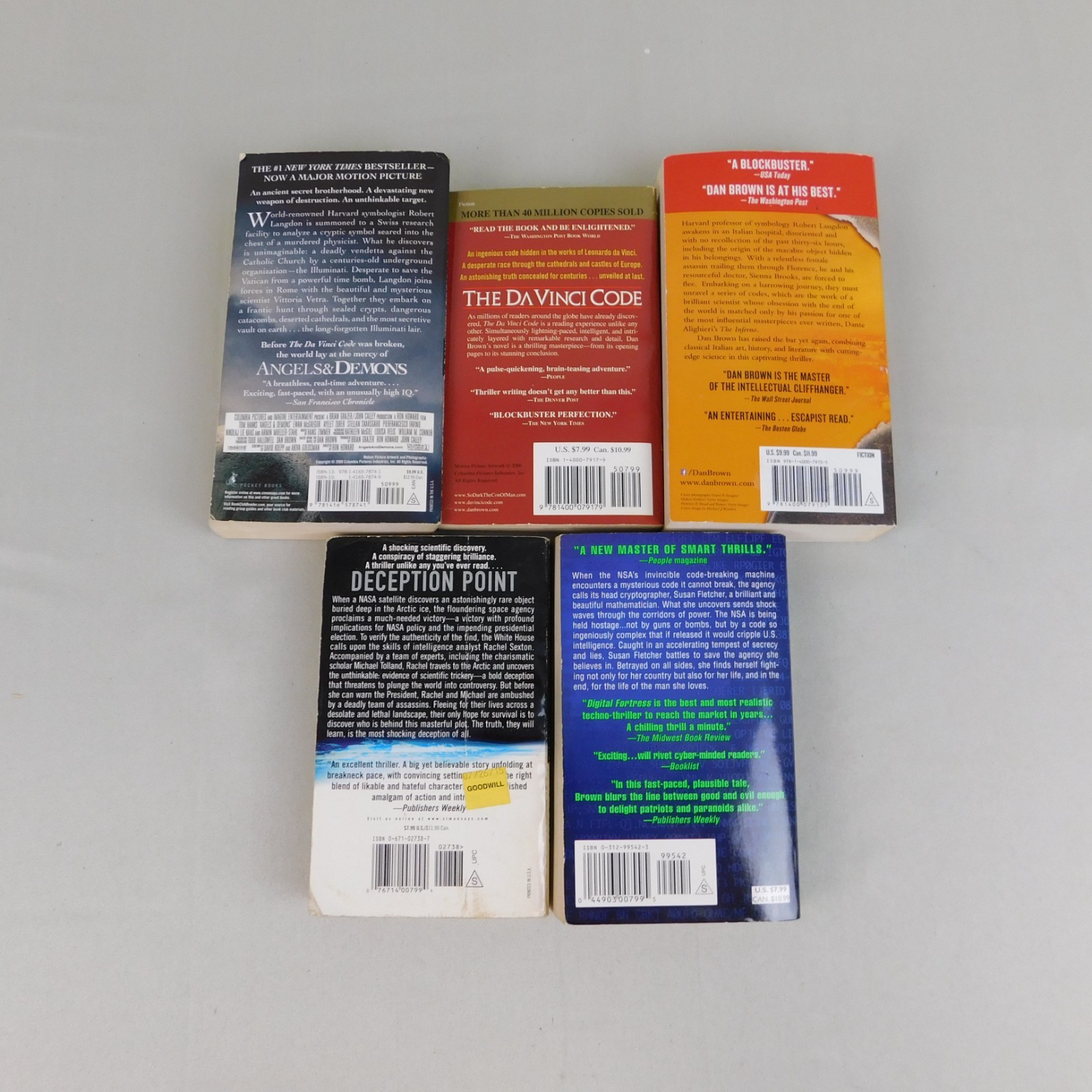 5pc Paperback Lot Dan Brown Thriller Novels Robert Langdon Series #2692