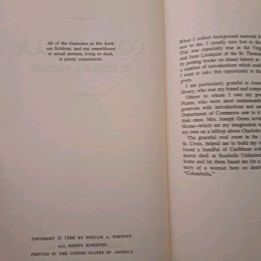Columbella Phyllis Whitney Doubleday 1966 HC DJ 246 Pages