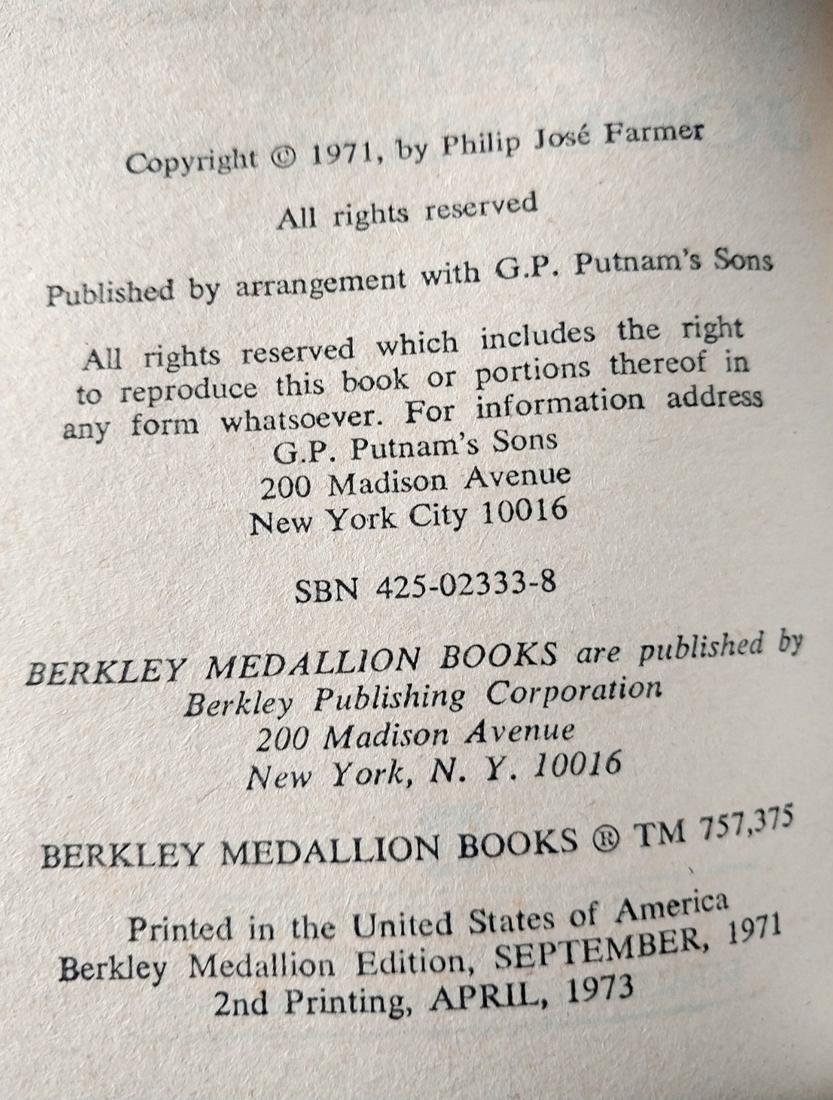 Philip Jose Farmer – To Your Scattered Bodies Go – Berkley 2nd Printing 1973