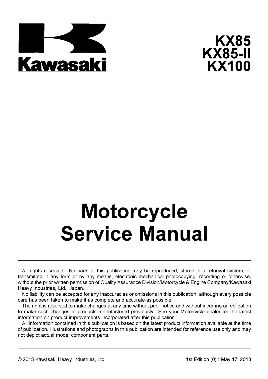 KAWASAKI KX85 KX85-II KX100 Motorcycle Service Manual – WIRE BOUND – COVERS