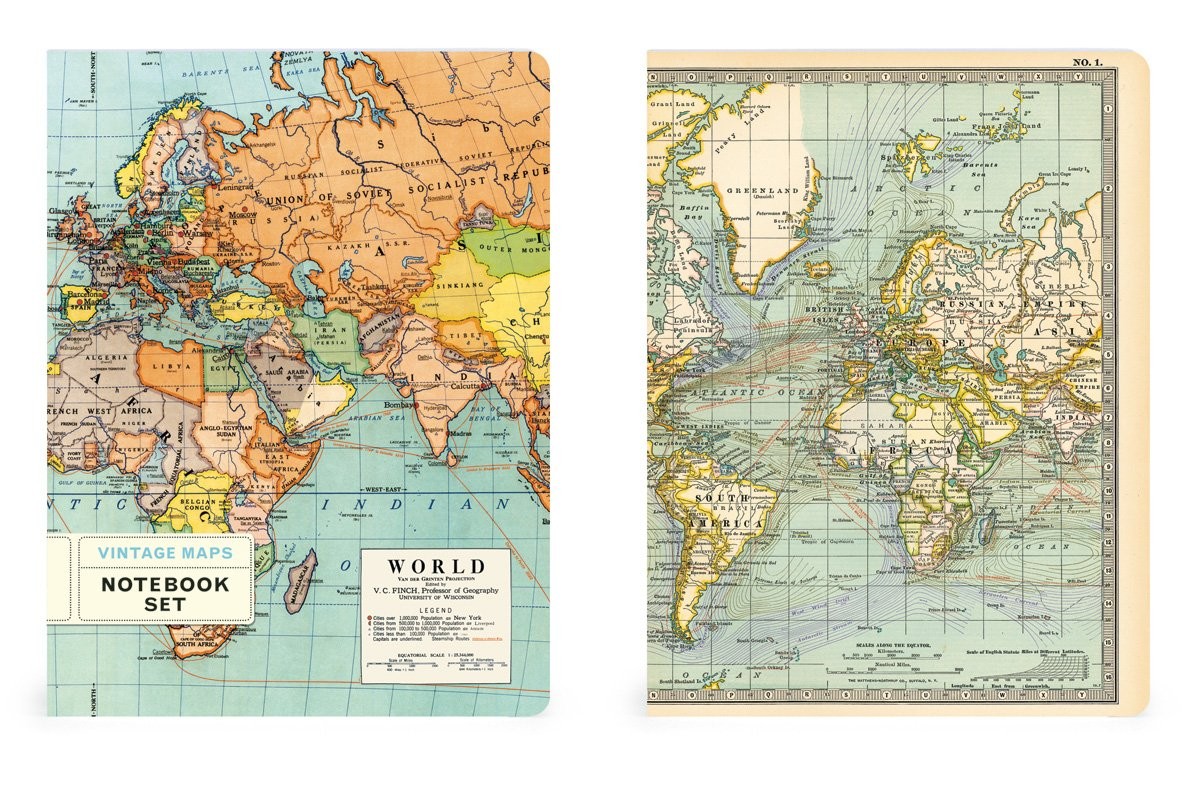 Cavallini 4 by 5-1/2-Inch Notebook Set, Vintage Maps, 96 Pages
