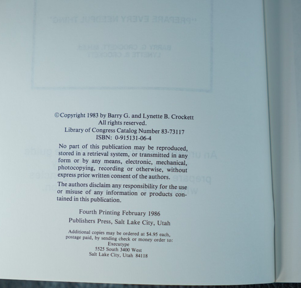 Family Emergency Preparedness 72 Hour Checklist Barry Crockett 1983 Survival NOS