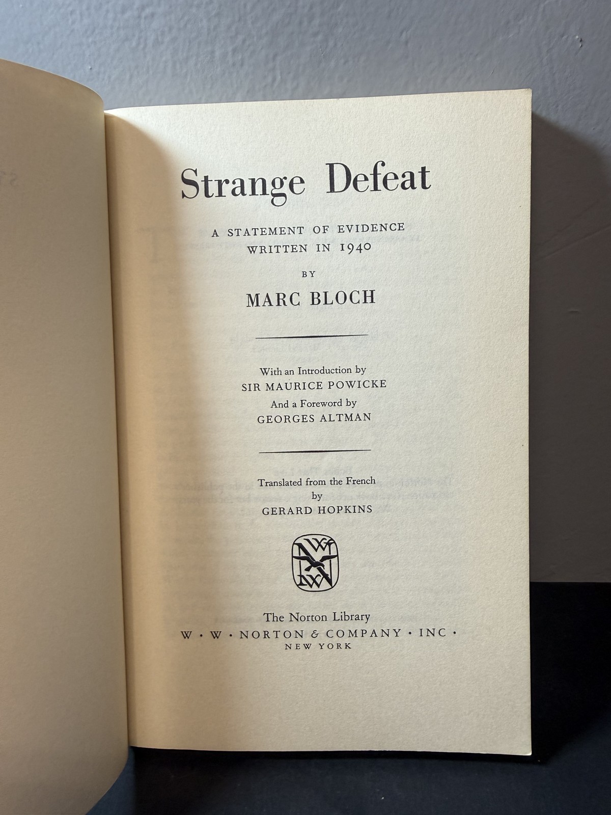 Strange Defeat Marc Bloch W.W. Norton Library 1968 Paperback History WWII France