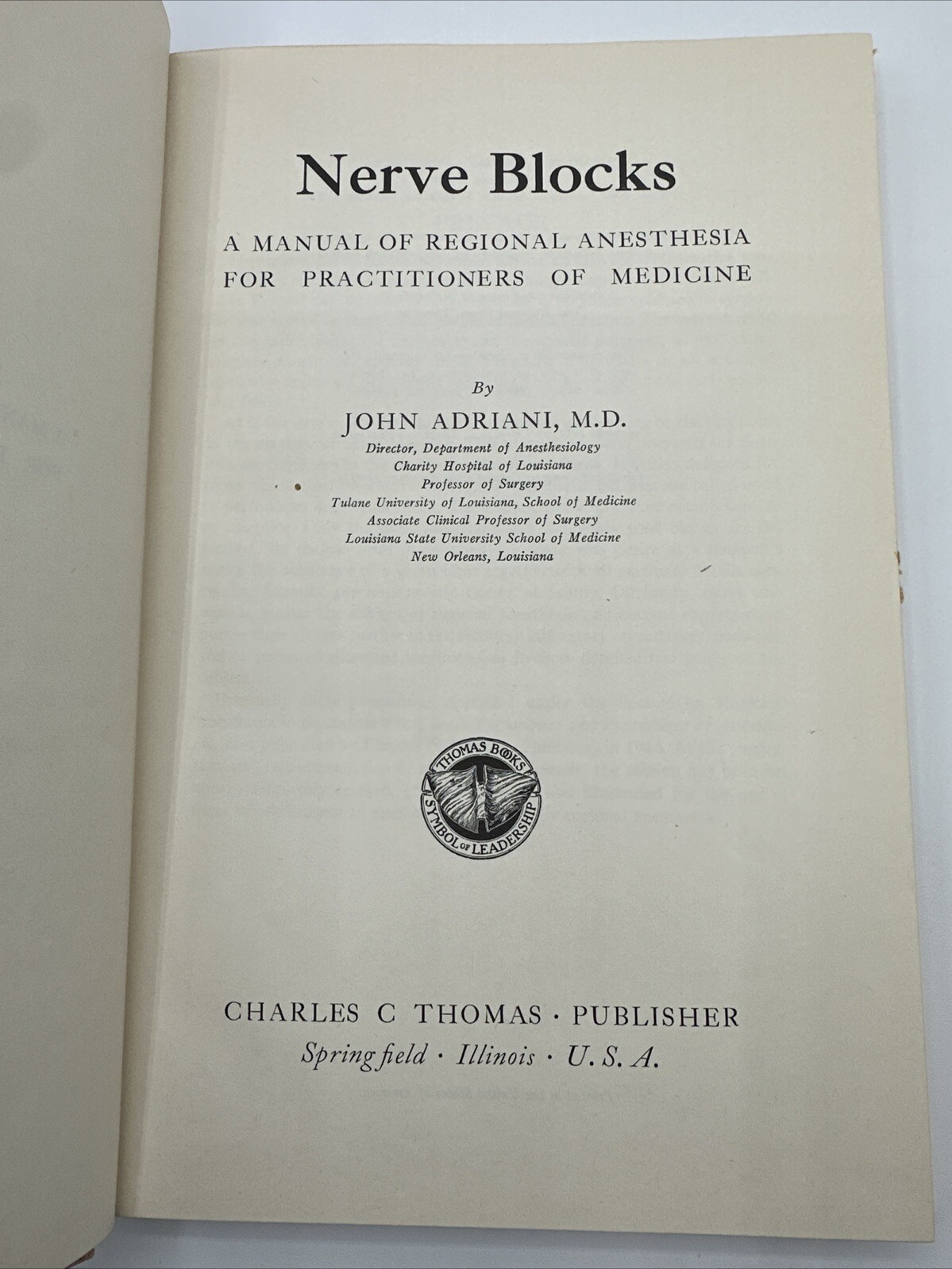Nerve Blocks John Adriani 1954 Hardcover DJ Anesthesia 265 Pages