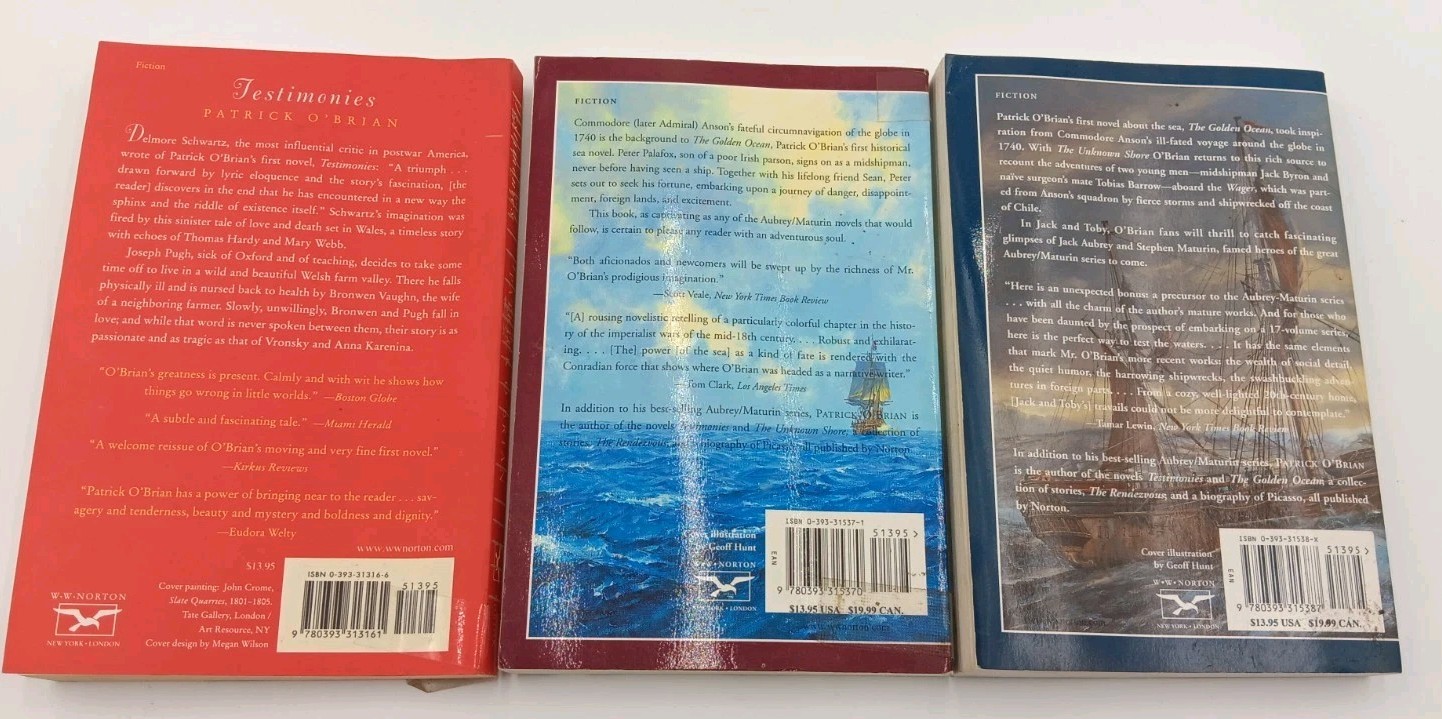 3 Patrick O’Brian Books Book Set Lot Golden Ocean, Unknown Shore, Testimonies PB