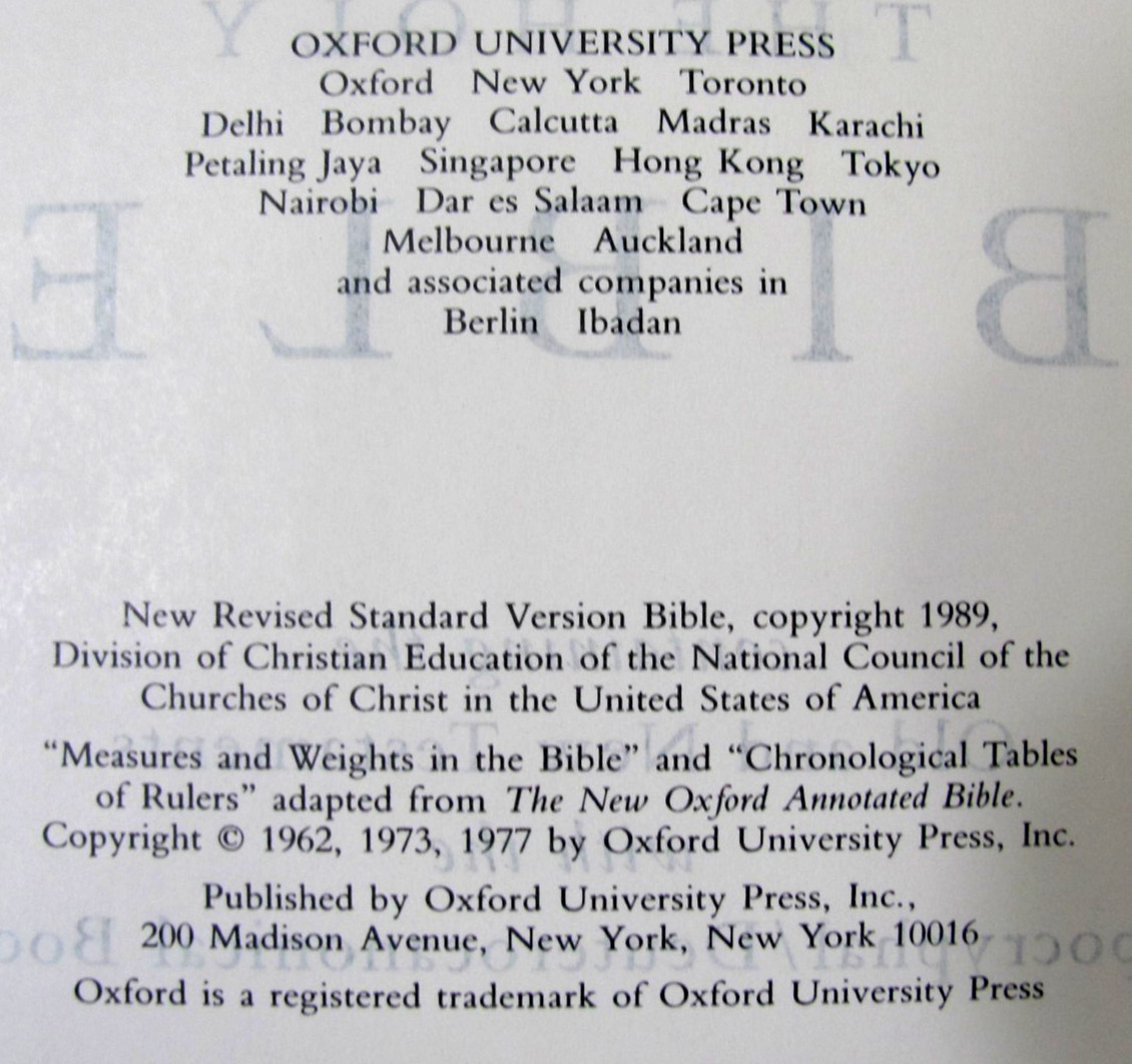 The Holy Bible, New Revised Standard Version, 1989 Oxford University Press HC
