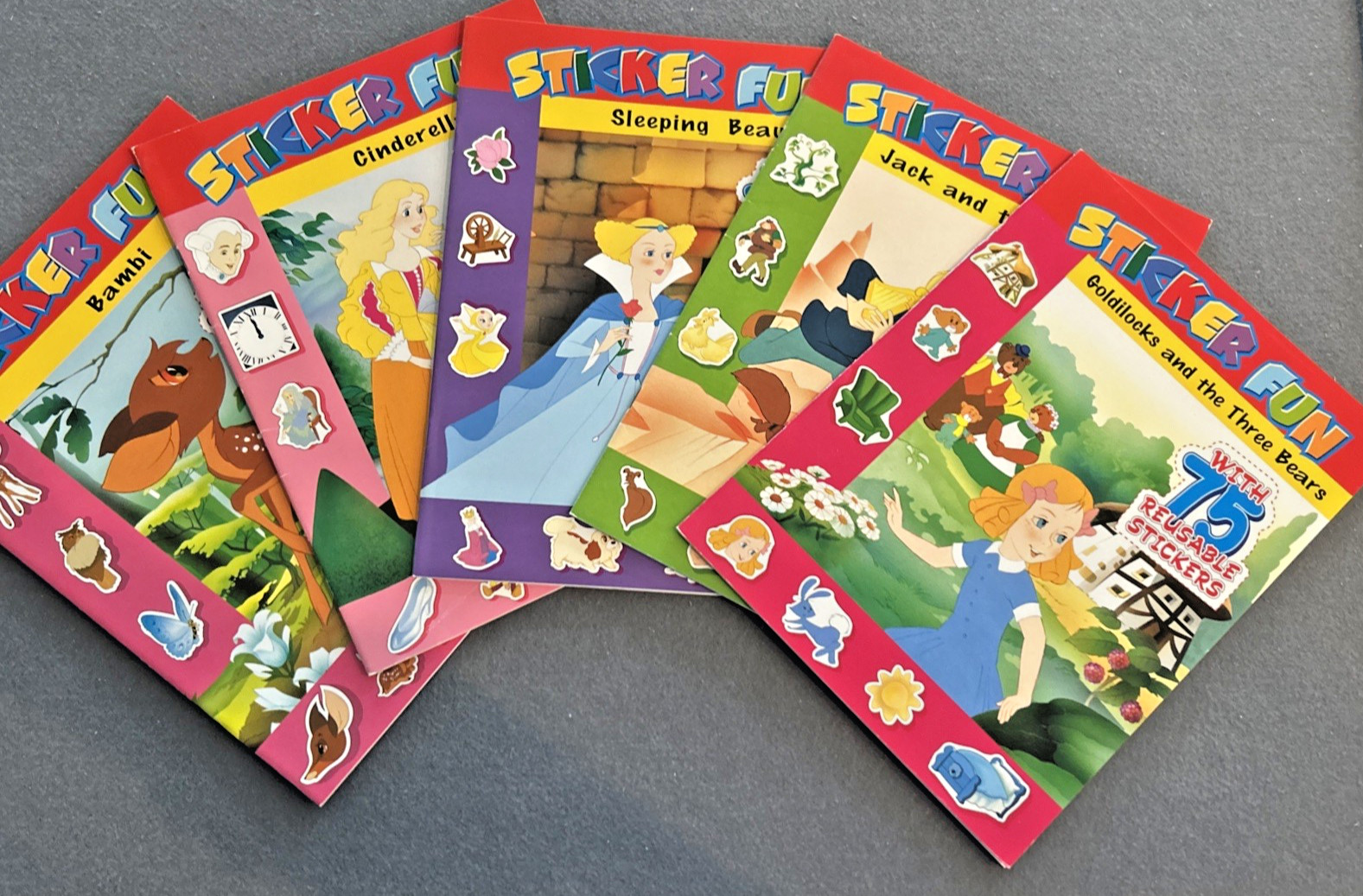 5 NEW Sticker Fun fairytale books 75 Reusable Stickers Bambi Jack Cinderella ETC