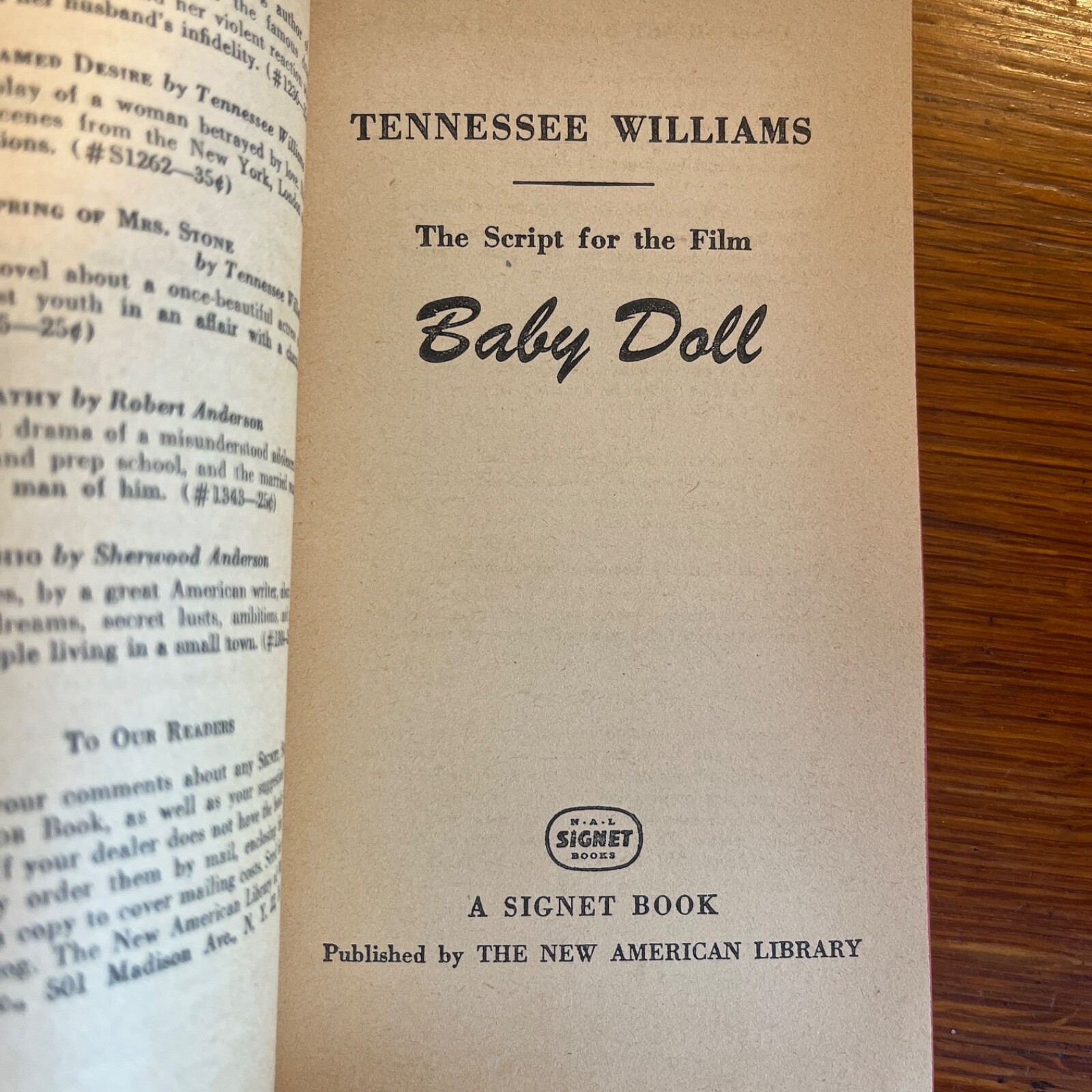 Baby Doll by Tennessee Williams; 1956 Signet Books, #S1334