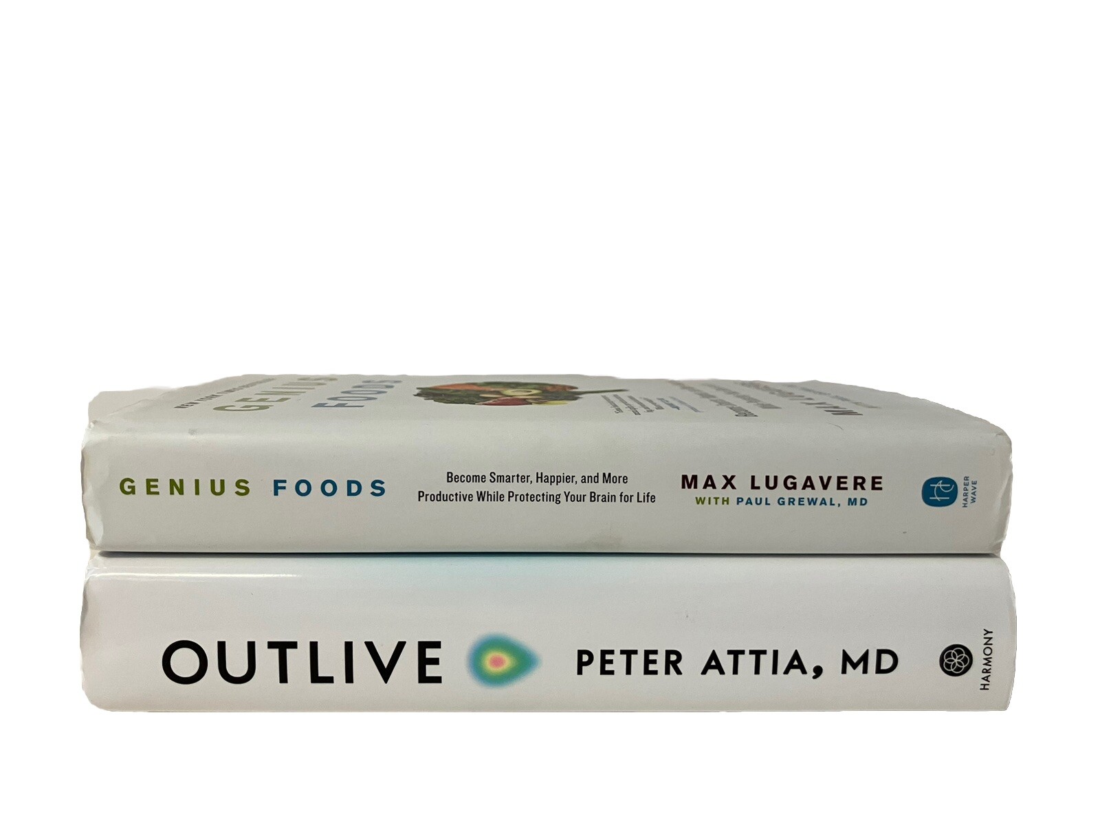 Outlive by Peter Attia 2023 HC & Genius Foods by Max Lugavere 2018 HC VERY GOOD