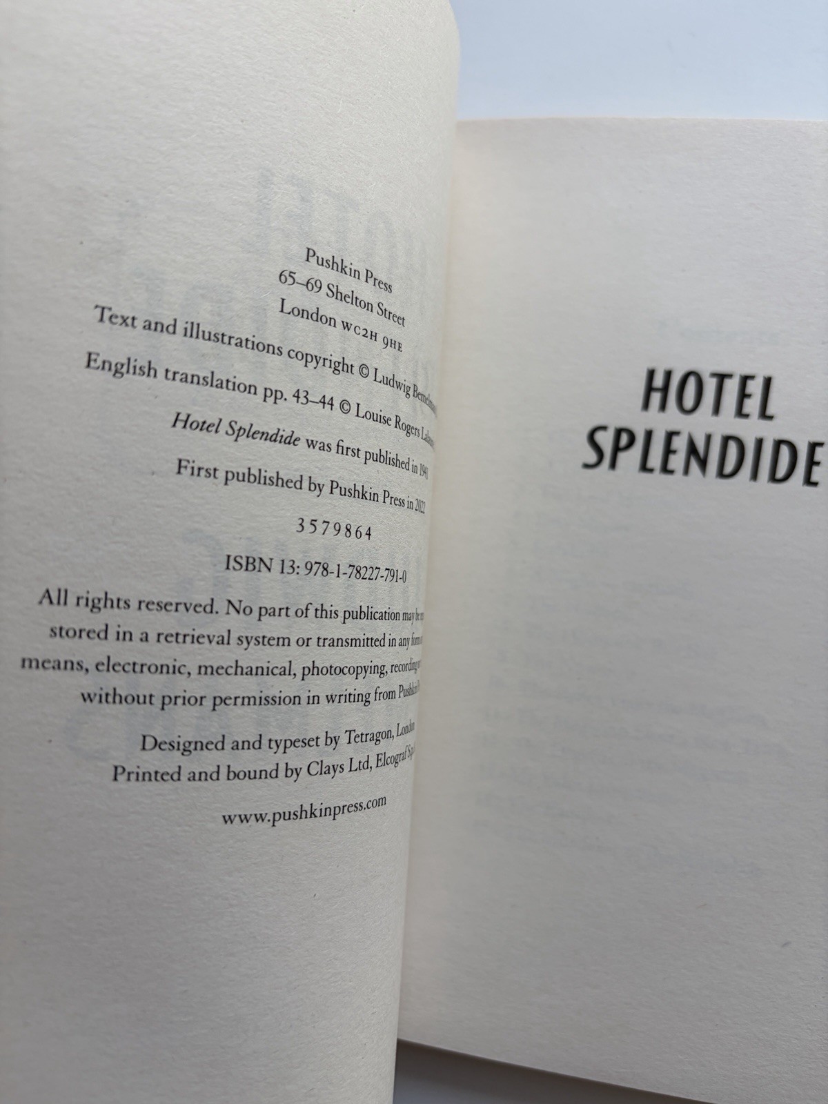 Hotel Splendide Ludwig Bemelmans ~ New ~ Pushkin Press