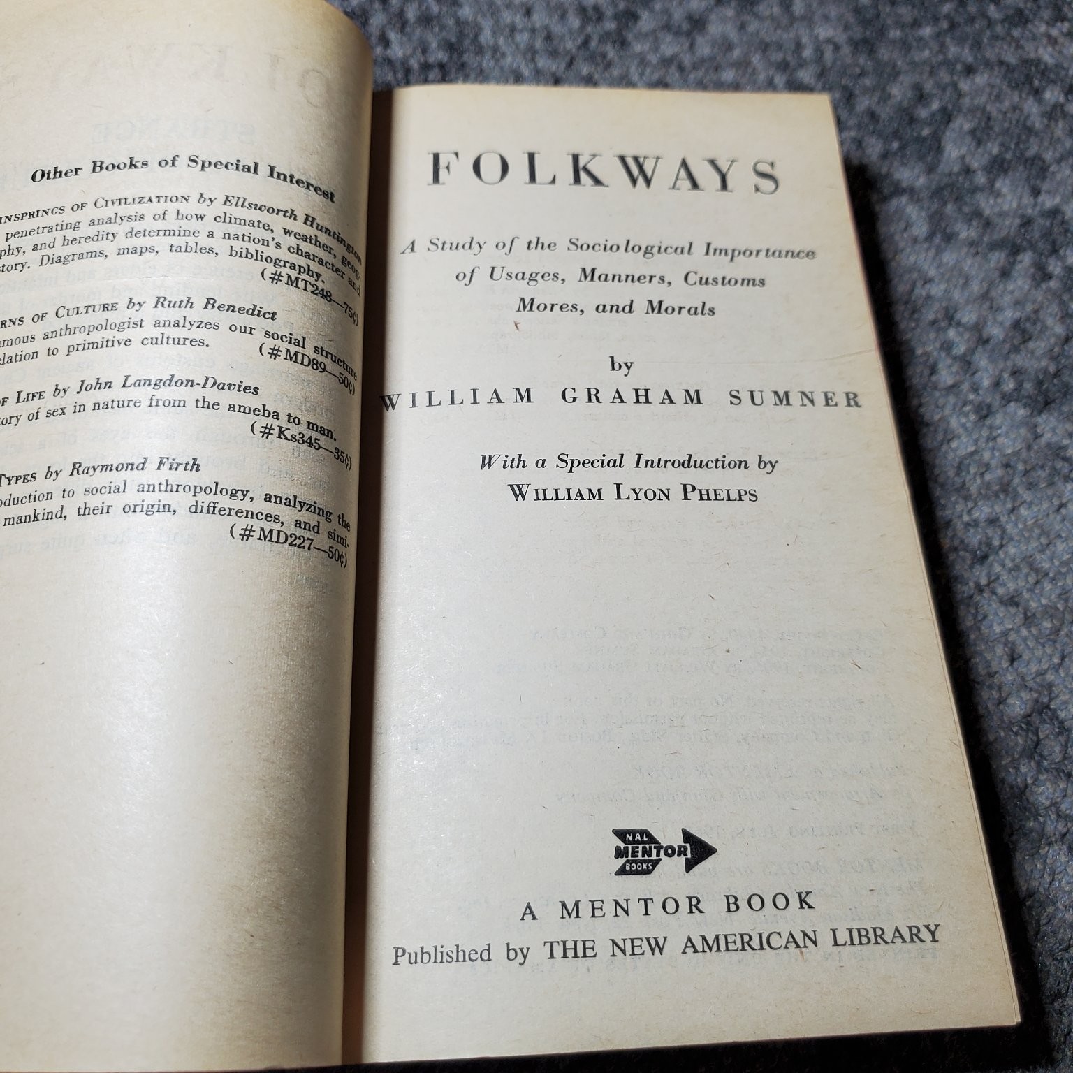 Folkways William Graham Sumner 1960 First Printing Sociology Anthropology Mentor